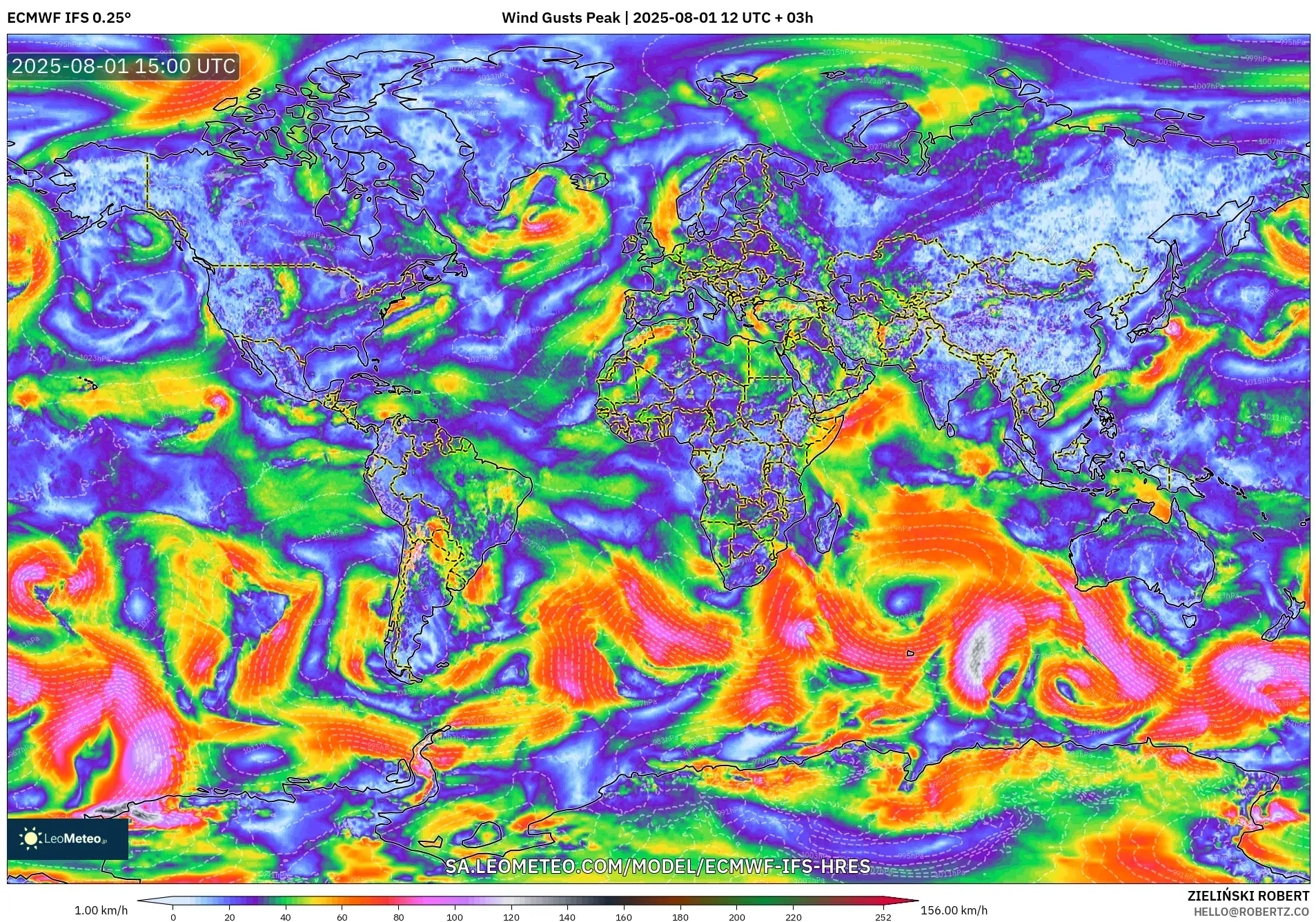 ECMWF IFS 0.25° model - World, Wind Gusts Peak