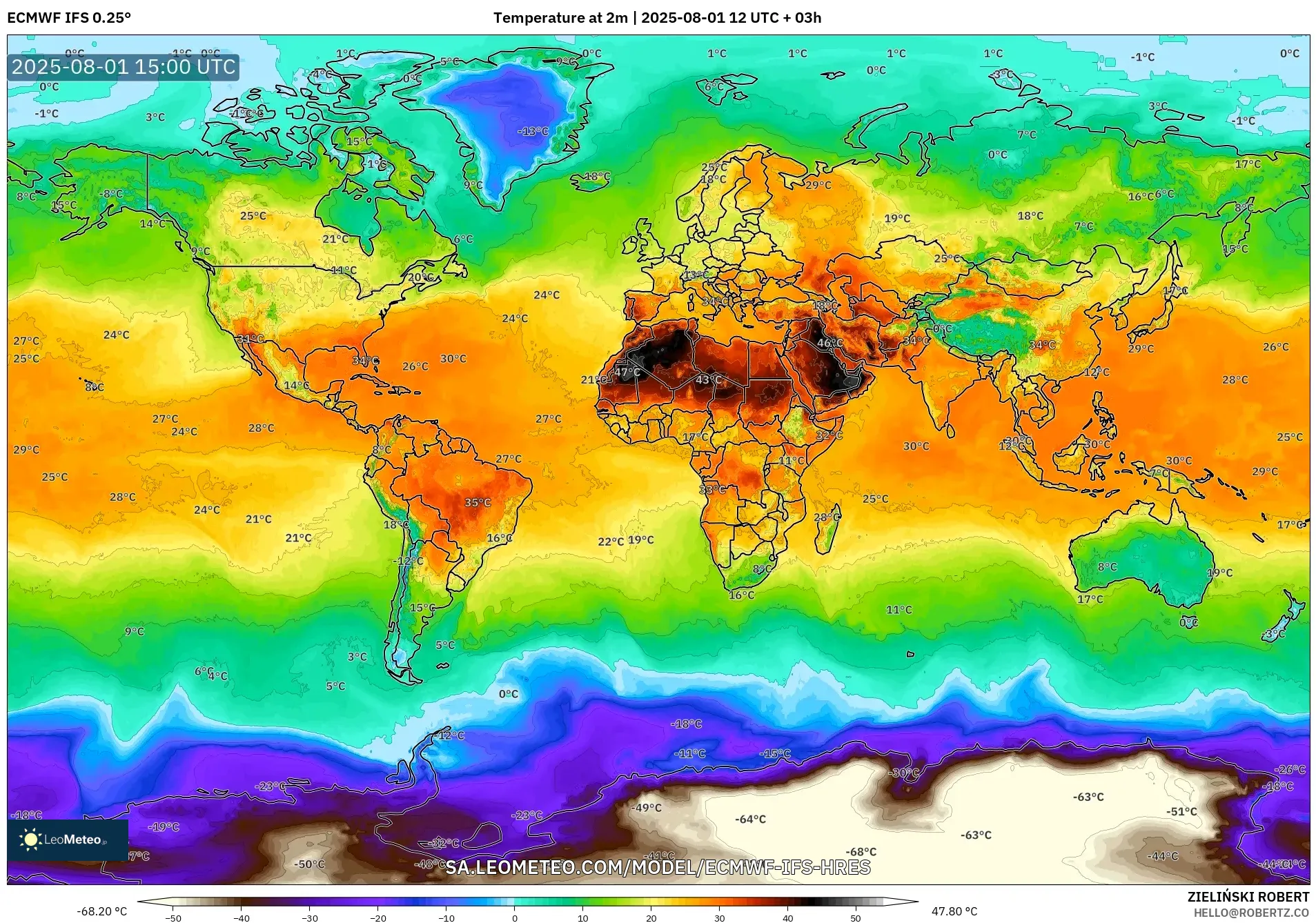 ECMWF IFS 0.25° model - World, Temperature at 2m ECMWF IFS 0.25° model - World, Temperature at 2m