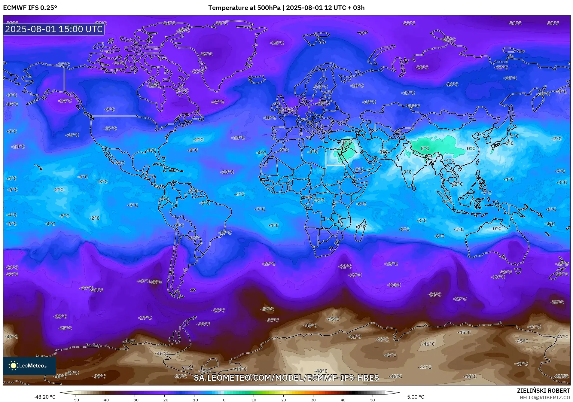 ECMWF IFS 0.25° model - World, Temperature at 500hPa