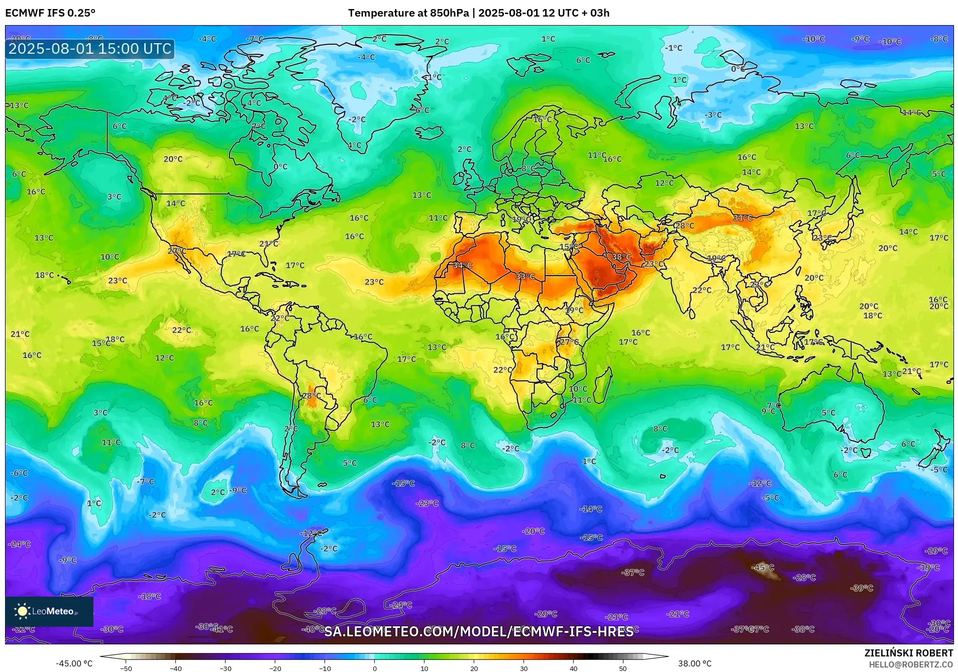 ECMWF IFS 0.25° model - World, Temperature at 850hPa ECMWF IFS 0.25° model - World, Temperature at 850hPa