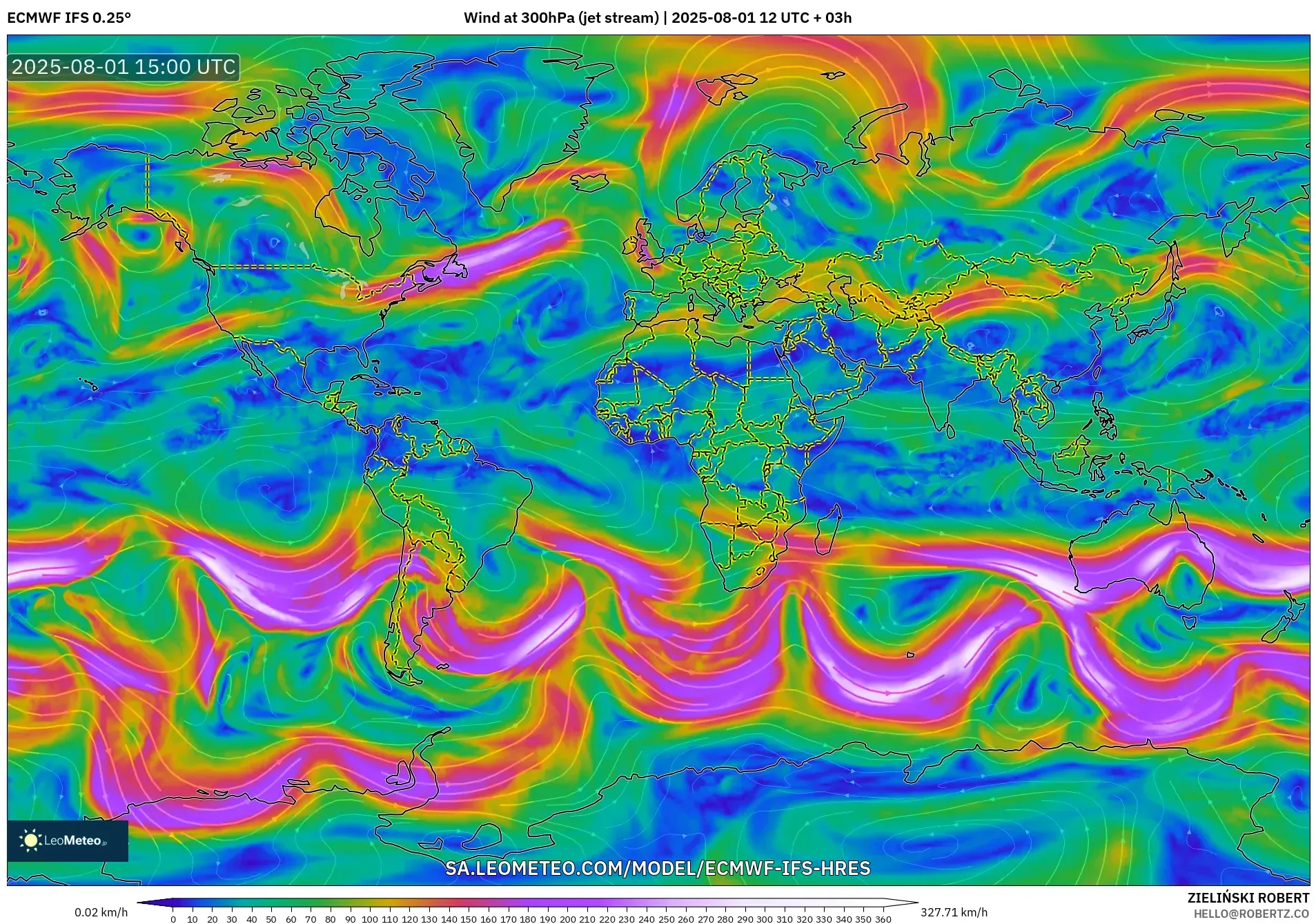 ECMWF IFS 0.25° model - World, Wind at 300hPa (jet stream) ECMWF IFS 0.25° model - World, Wind at 300hPa (jet stream)