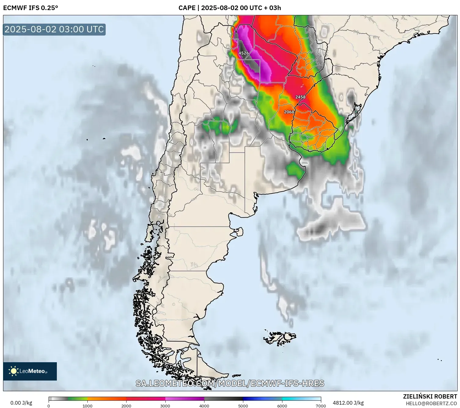 ECMWF IFS 0.25° model - Argentina, CAPE ECMWF IFS 0.25° model - Argentina, CAPE