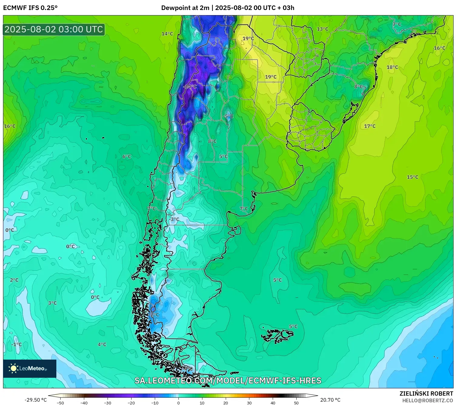 ECMWF IFS 0.25° model - Argentina, Titik Embun 2 m