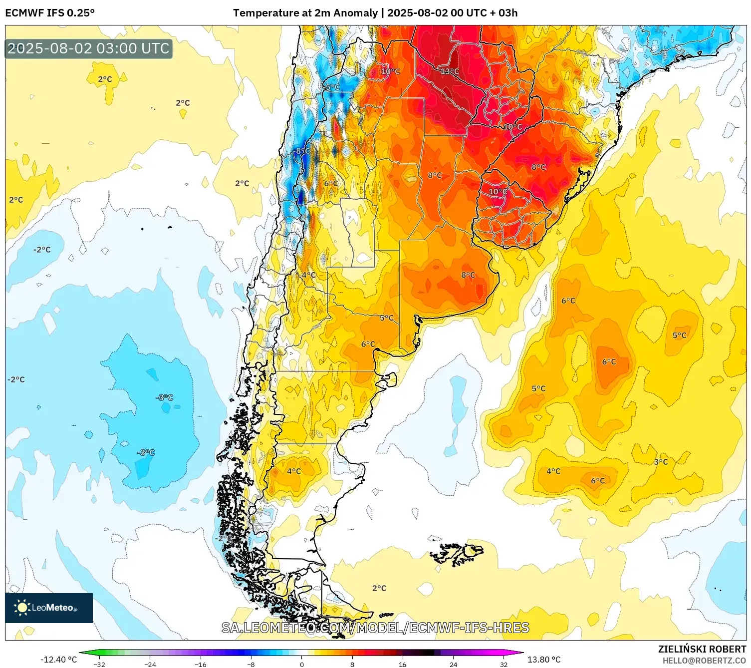 ECMWF IFS 0.25° model - Argentina, Temperature at 2m Anomaly