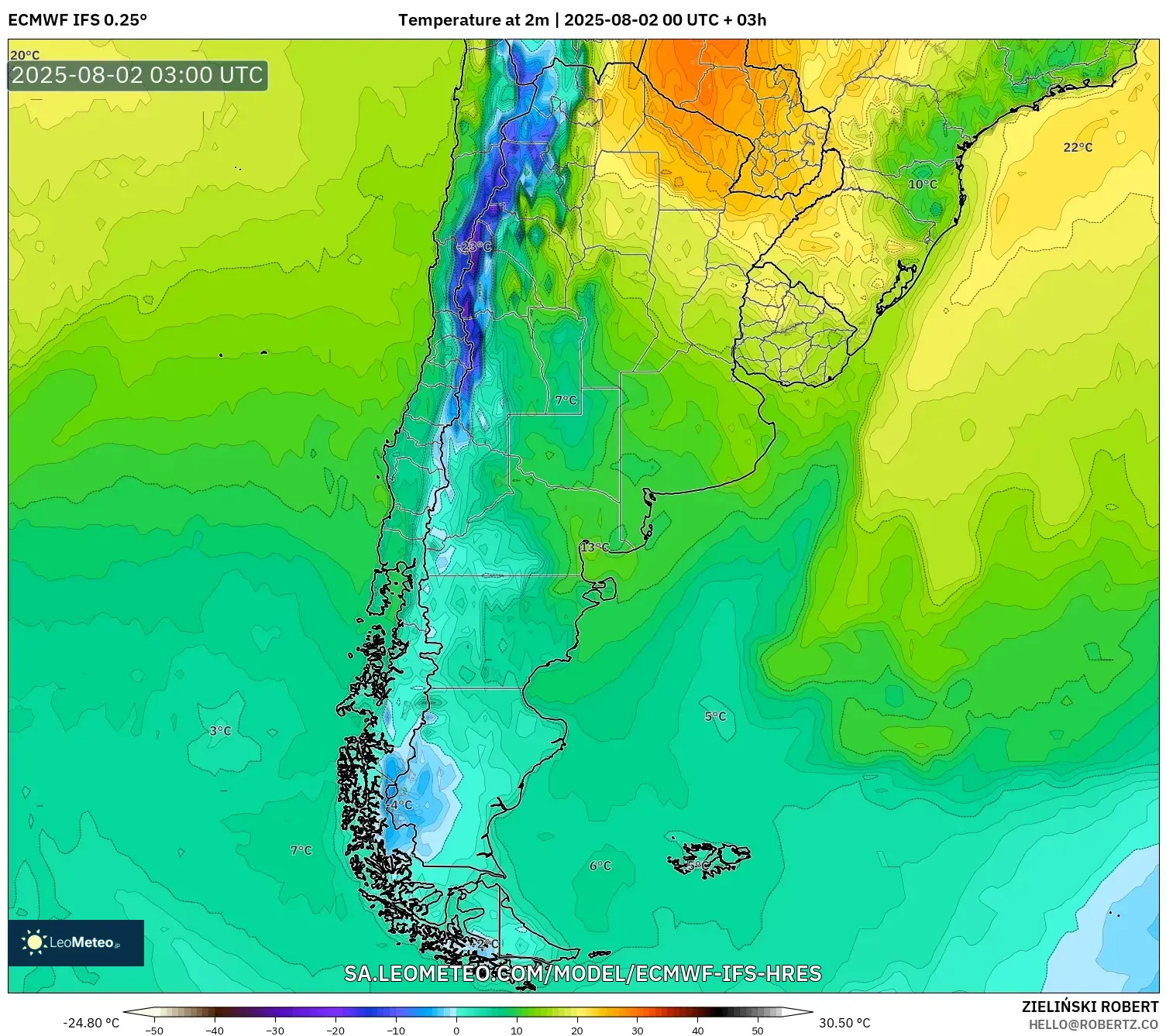 ECMWF IFS 0.25° model - Argentina, Suhu 2 m ECMWF IFS 0.25° model - Argentina, Suhu 2 m