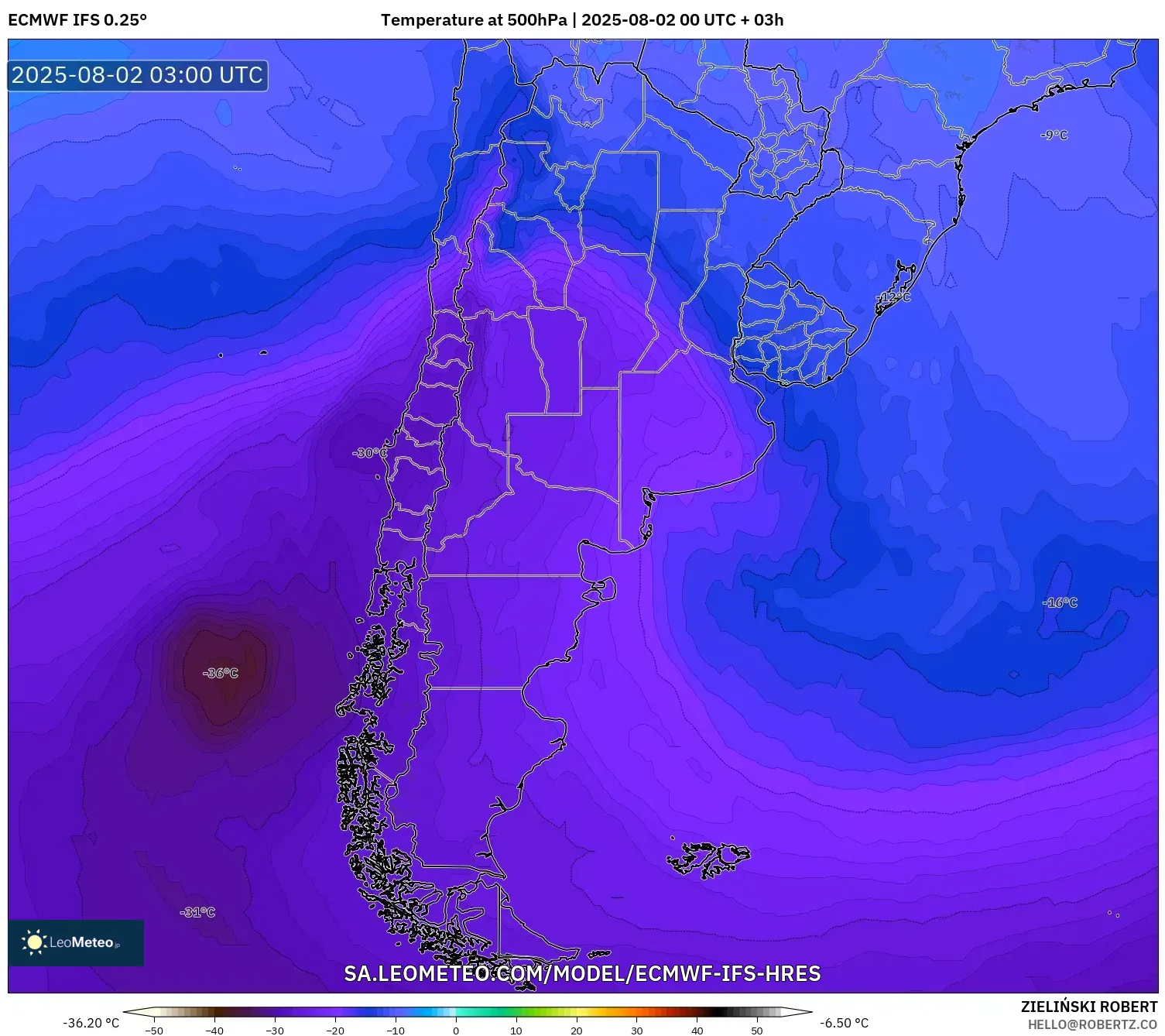 ECMWF IFS 0.25° model - Argentina, Suhu 500 hPa ECMWF IFS 0.25° model - Argentina, Suhu 500 hPa
