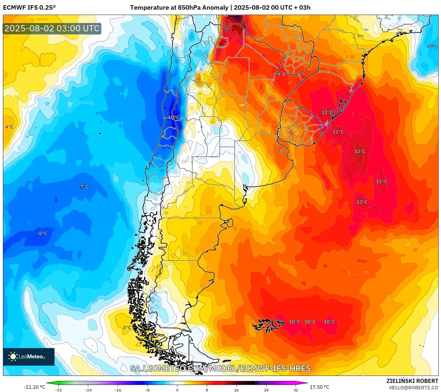 ECMWF IFS 0.25° model - Argentina, Anomali Suhu 850 hPa