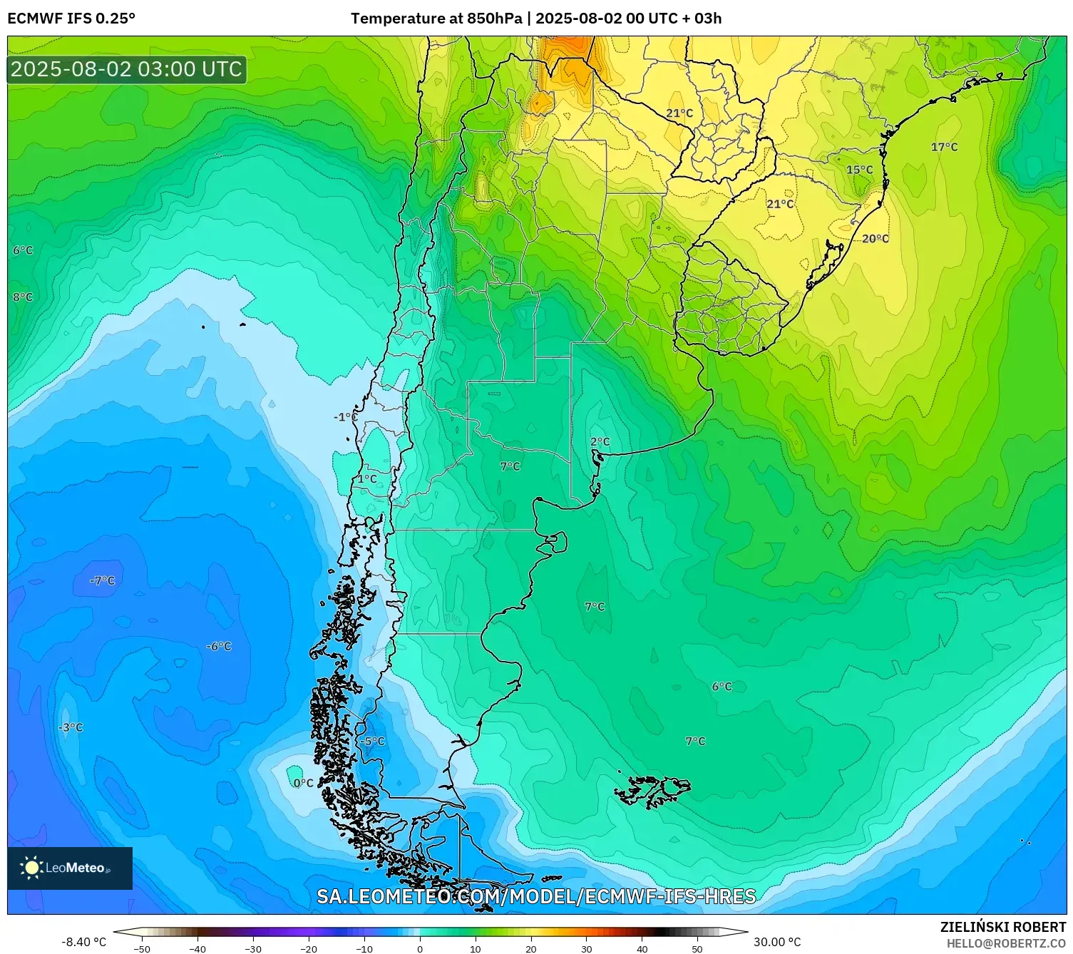 ECMWF IFS 0.25° model - Argentina, Suhu 850 hPa ECMWF IFS 0.25° model - Argentina, Suhu 850 hPa