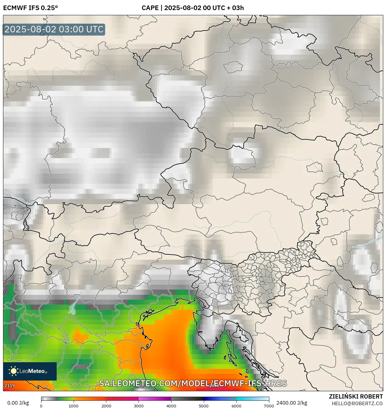 ECMWF IFS 0.25° model - Austria, CAPE ECMWF IFS 0.25° model - Austria, CAPE