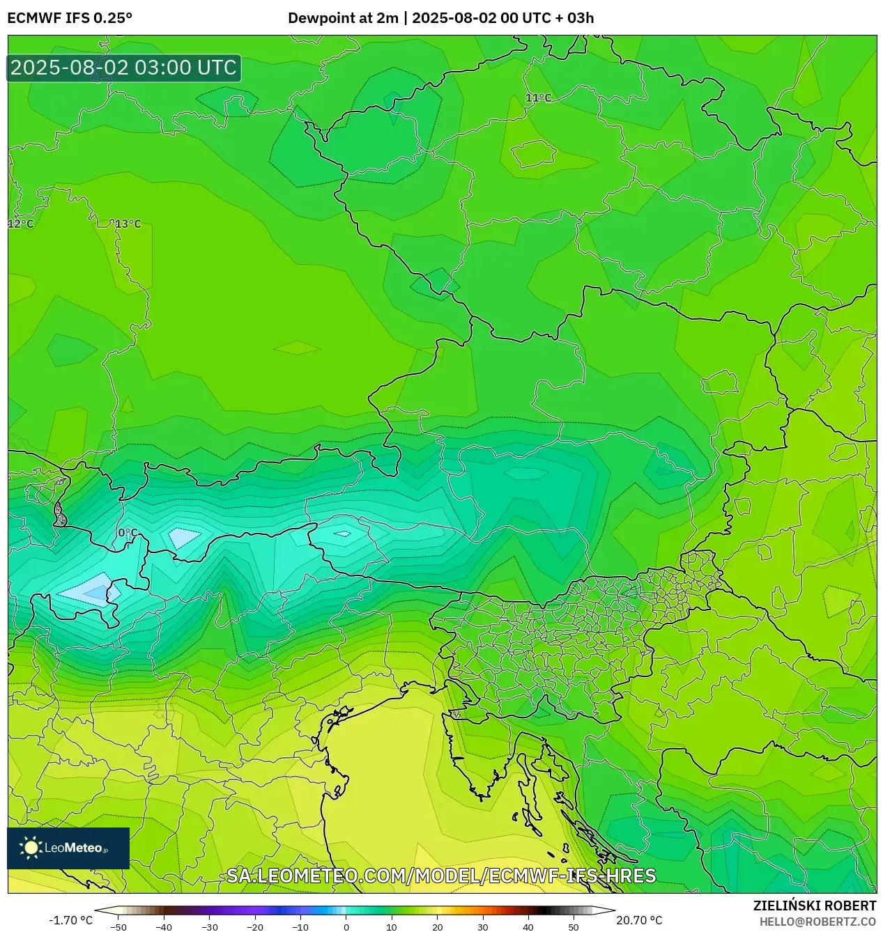 ECMWF IFS 0.25° model - Austria, Takat Embun 2 m