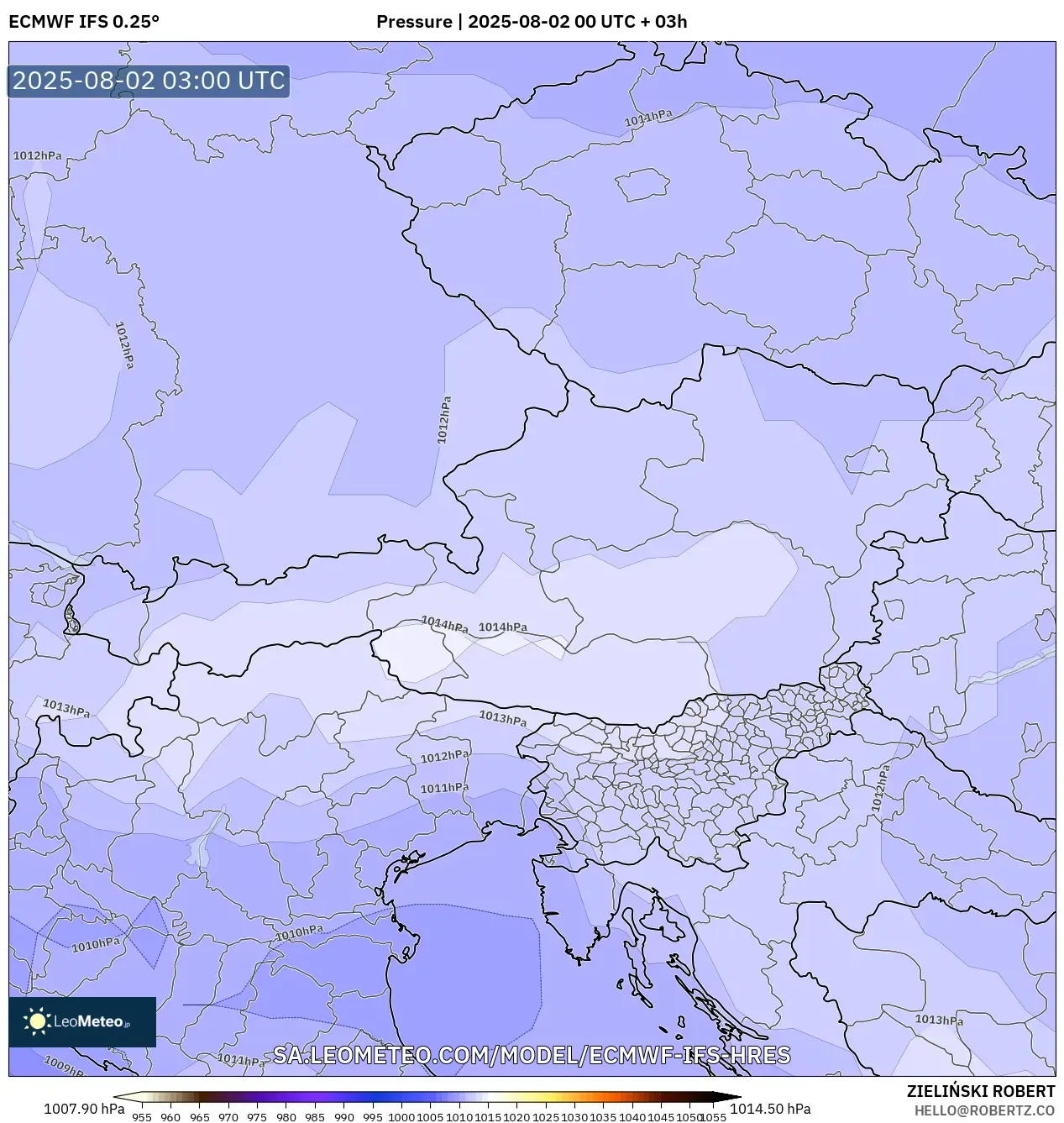 ECMWF IFS 0.25° model - Austria, Tekanan ECMWF IFS 0.25° model - Austria, Tekanan
