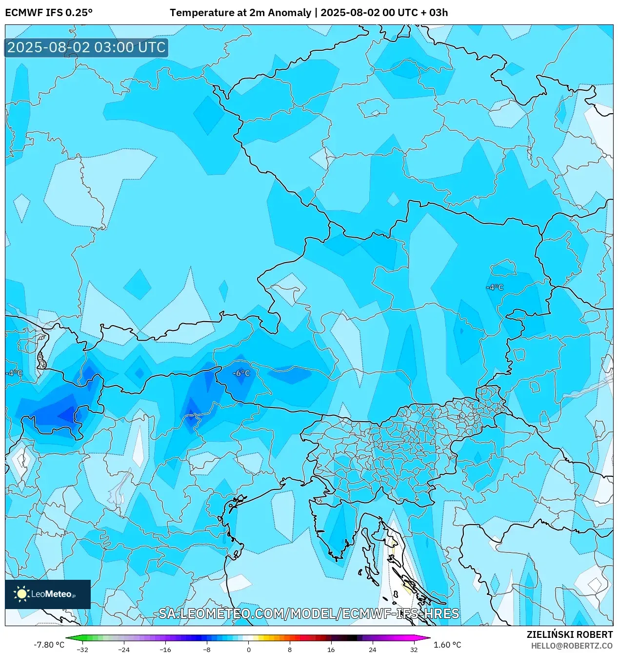 ECMWF IFS 0.25° model - Austria, Anomali Suhu 2 m ECMWF IFS 0.25° model - Austria, Anomali Suhu 2 m