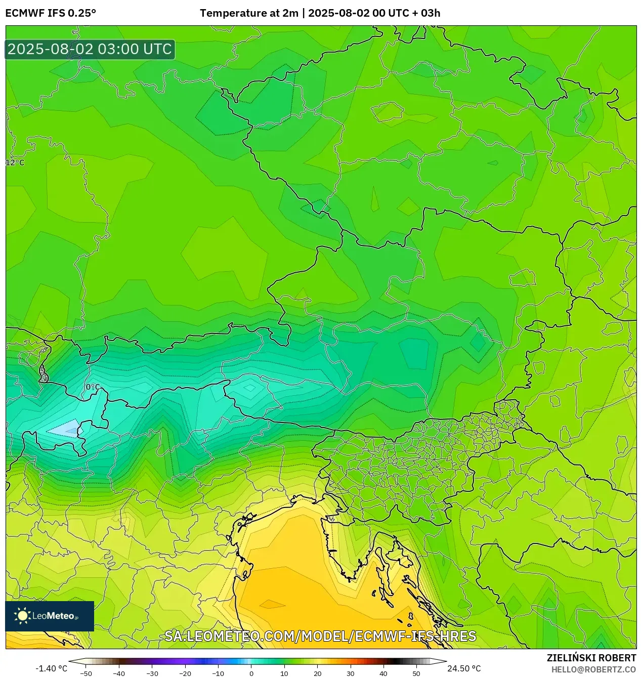 ECMWF IFS 0.25° model - Austria, Suhu 2 m ECMWF IFS 0.25° model - Austria, Suhu 2 m
