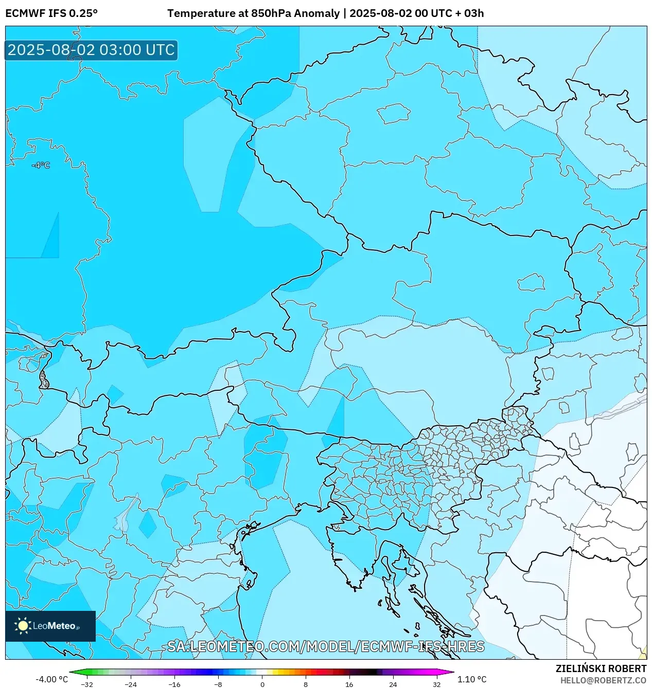ECMWF IFS 0.25° model - Austria, Anomali Suhu 850 hPa ECMWF IFS 0.25° model - Austria, Anomali Suhu 850 hPa
