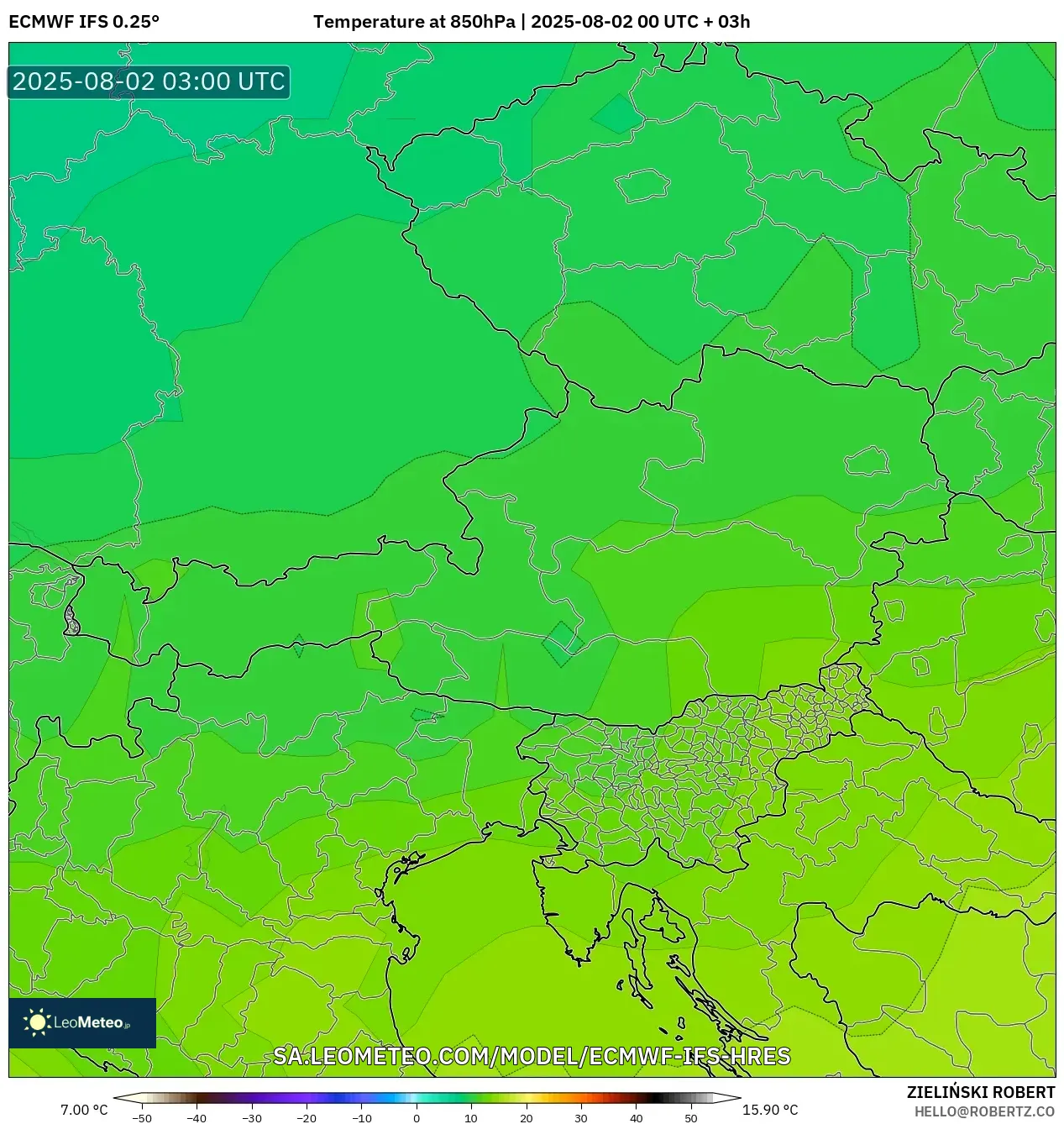 ECMWF IFS 0.25° model - Austria, Suhu 850 hPa ECMWF IFS 0.25° model - Austria, Suhu 850 hPa