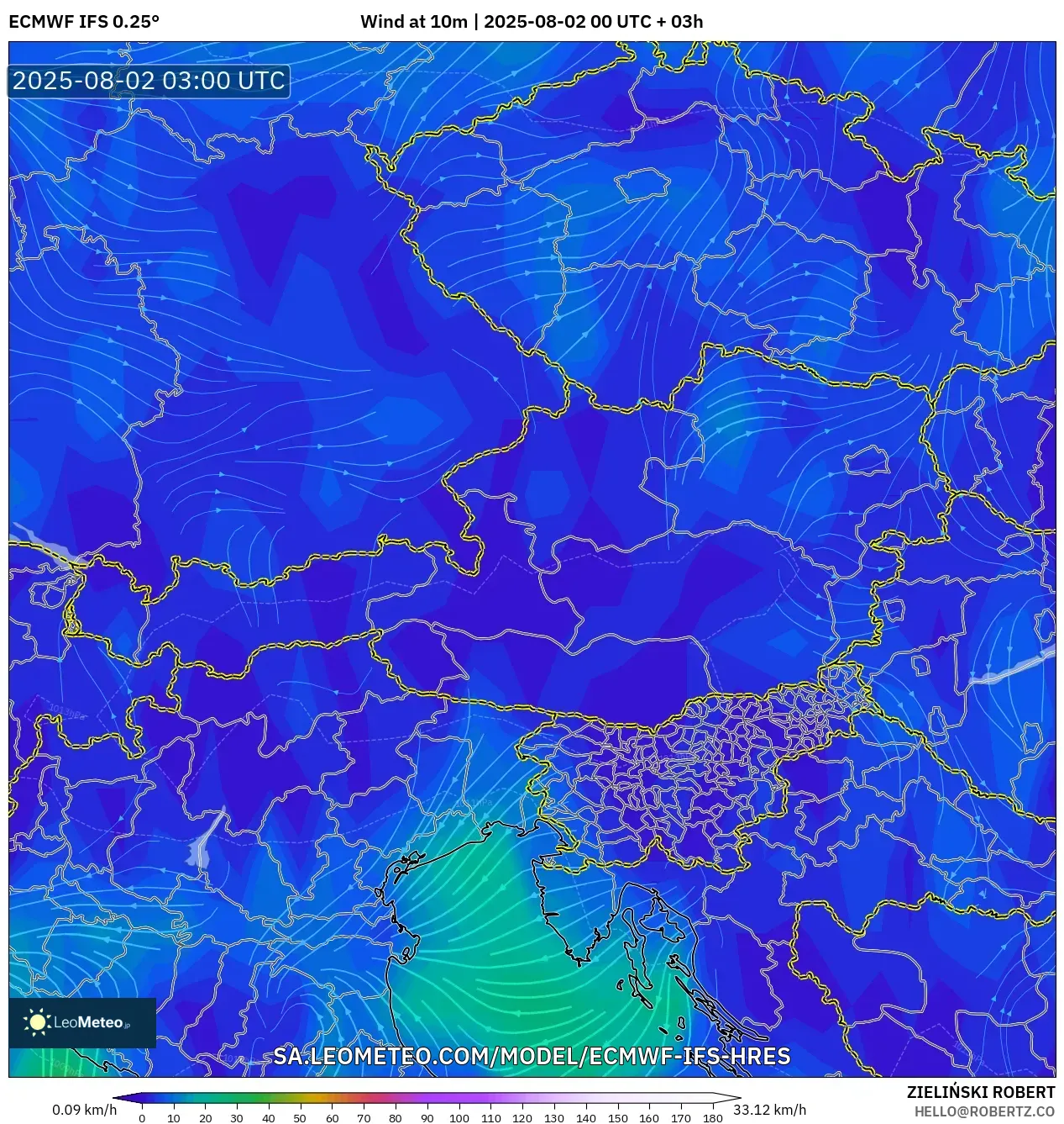 ECMWF IFS 0.25° model - Austria, Angin 10 m ECMWF IFS 0.25° model - Austria, Angin 10 m