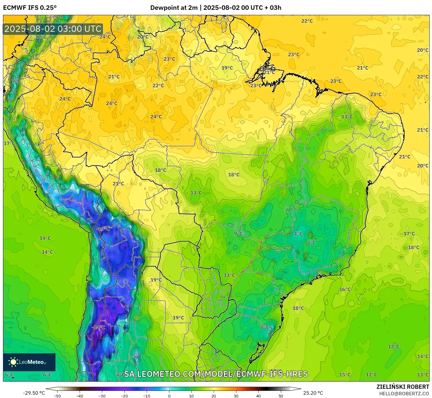 ECMWF IFS 0.25° model - Brasil, Titik Embun 2 m ECMWF IFS 0.25° model - Brasil, Titik Embun 2 m