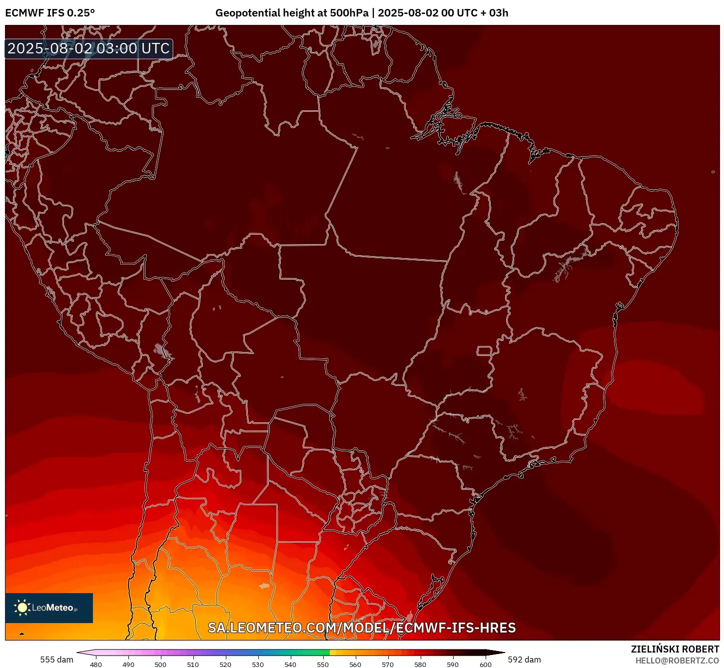 ECMWF IFS 0.25° model - Brasil, Ketinggian geopotensial pada 500 hPa ECMWF IFS 0.25° model - Brasil, Ketinggian geopotensial pada 500 hPa