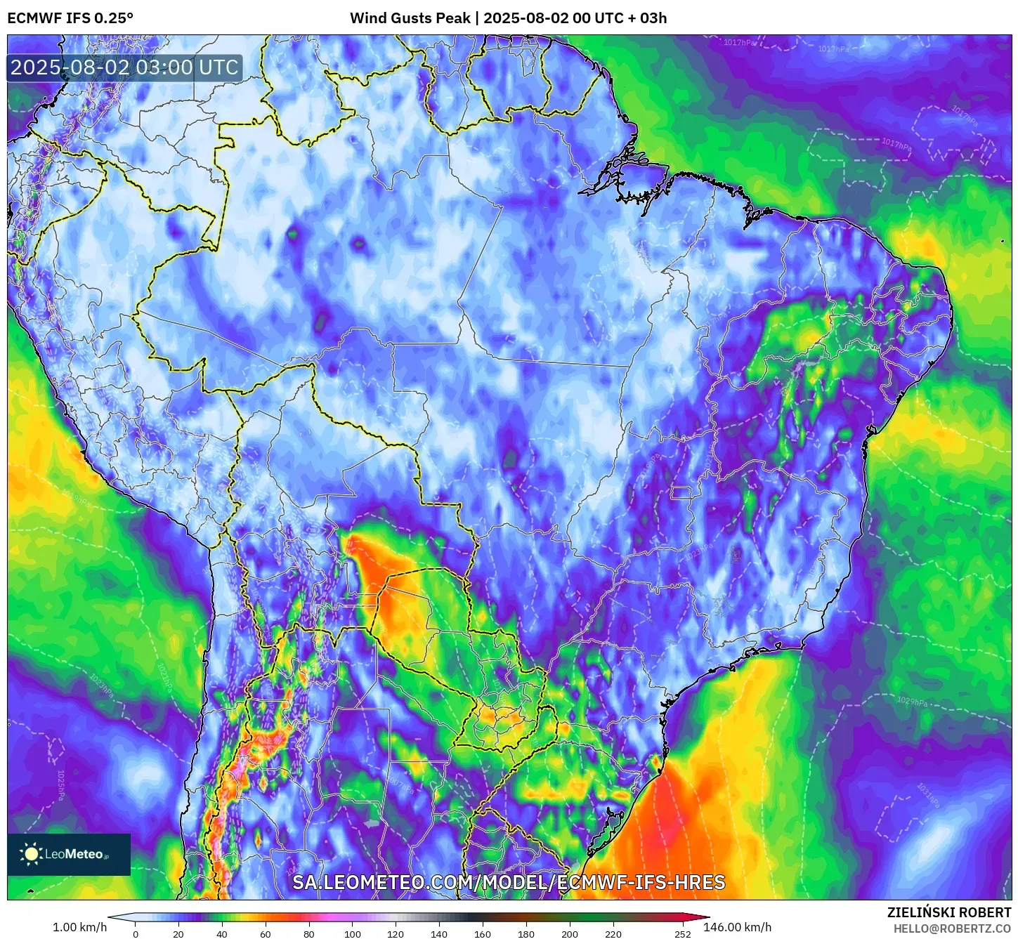ECMWF IFS 0.25° model - Brasil, Puncak Hembusan ECMWF IFS 0.25° model - Brasil, Puncak Hembusan