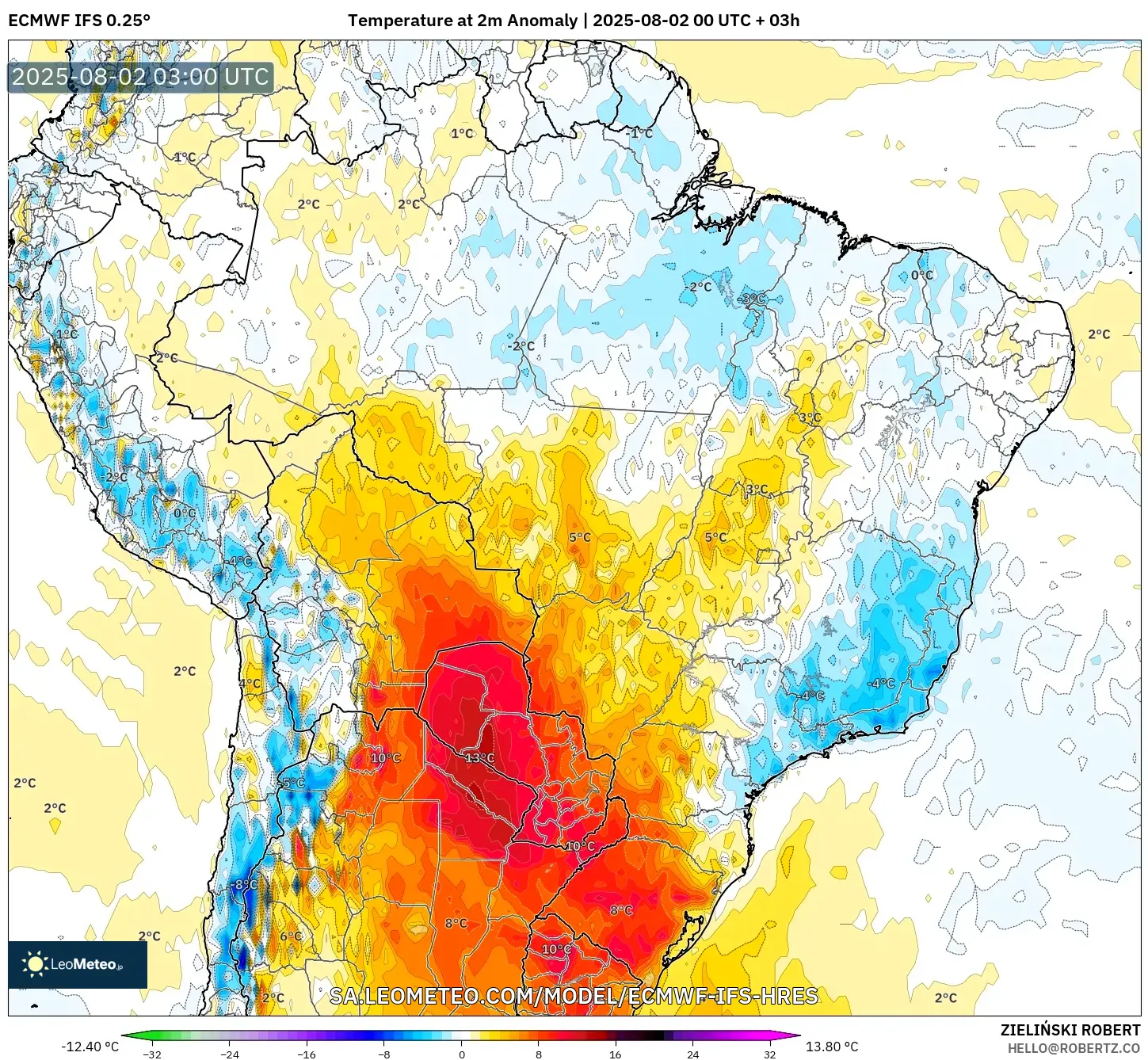 ECMWF IFS 0.25° model - Brasil, Anomali Suhu 2 m ECMWF IFS 0.25° model - Brasil, Anomali Suhu 2 m