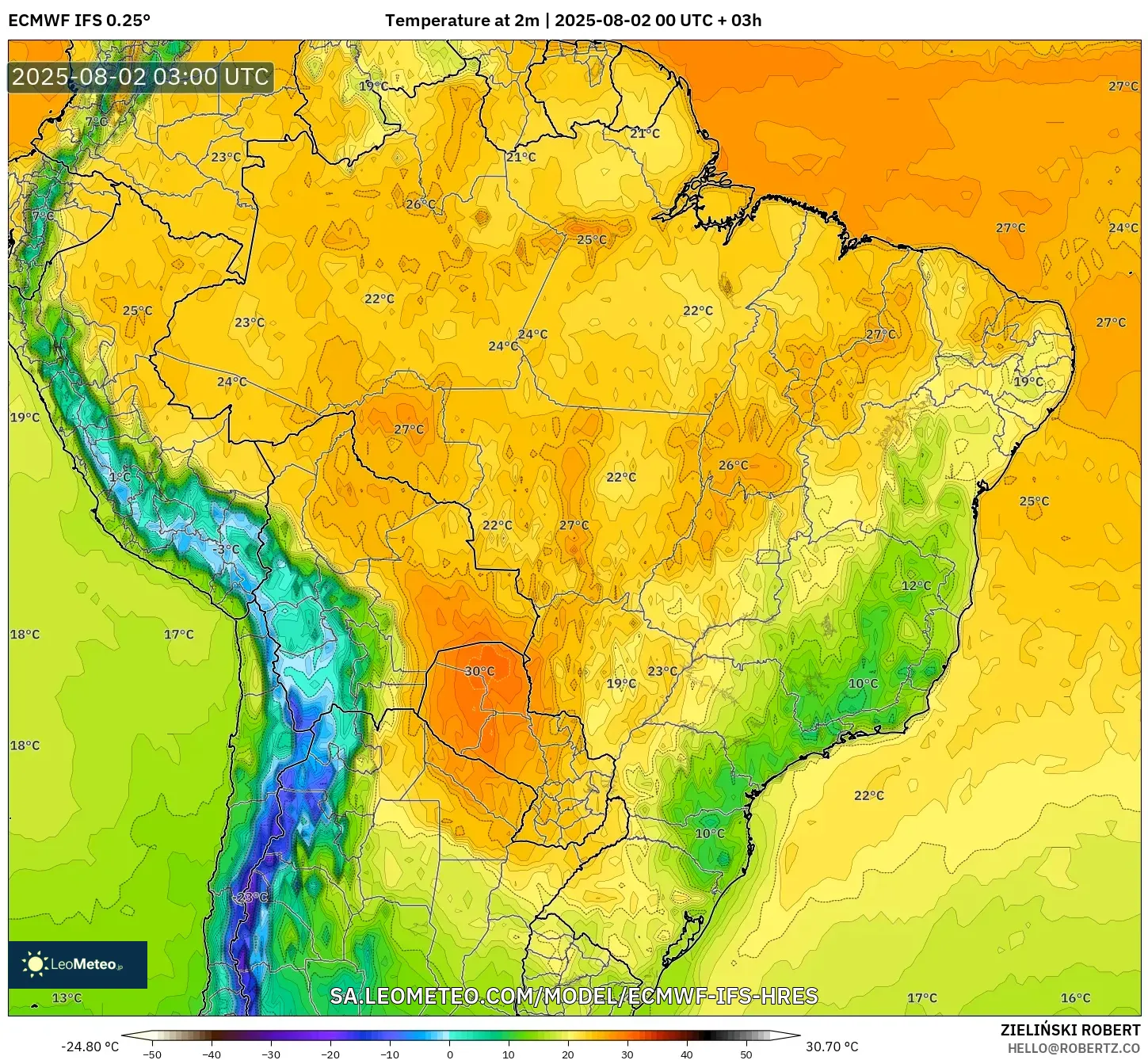 ECMWF IFS 0.25° model - Brasil, Suhu 2 m ECMWF IFS 0.25° model - Brasil, Suhu 2 m