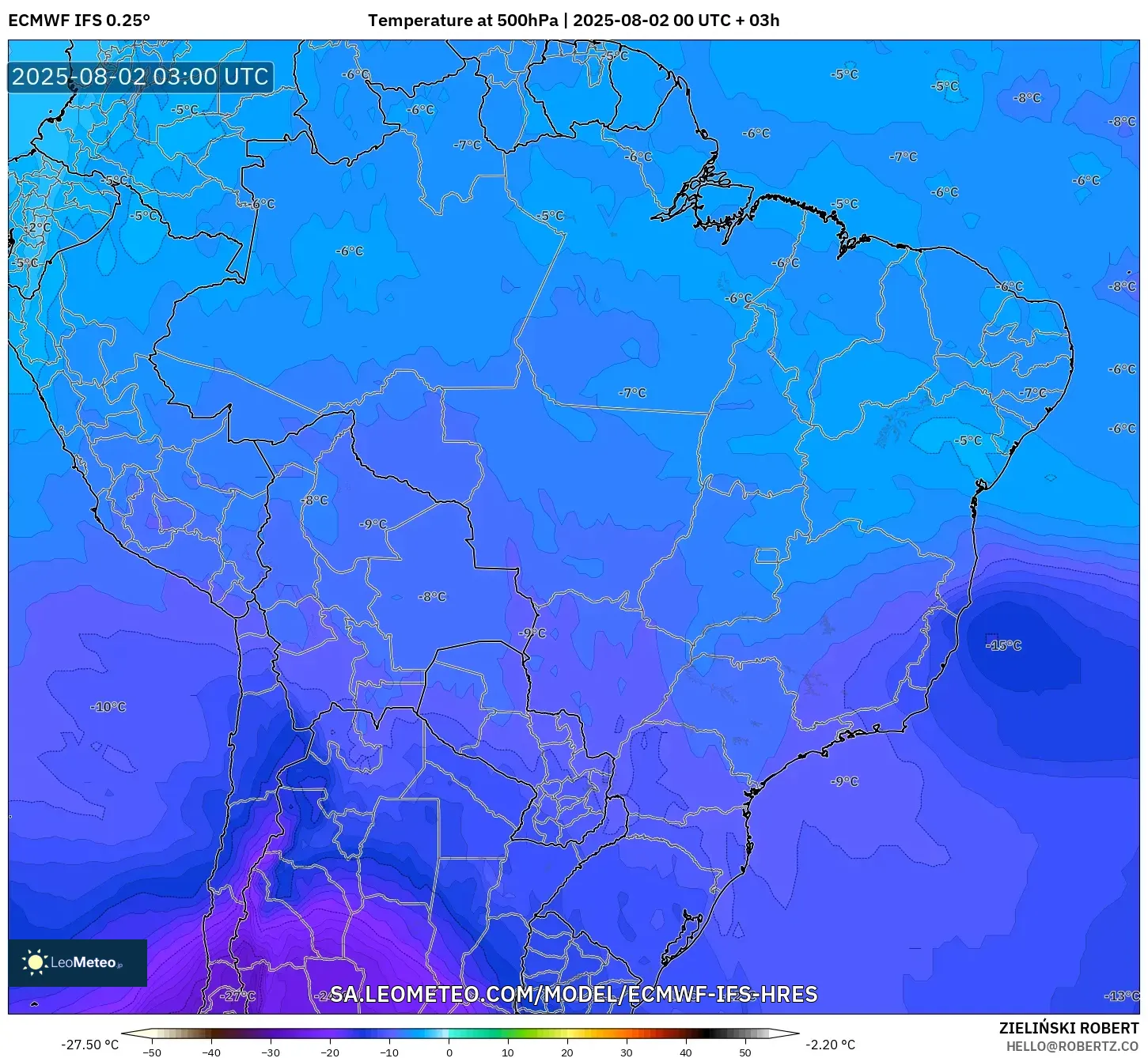 ECMWF IFS 0.25° model - Brasil, Suhu 500 hPa