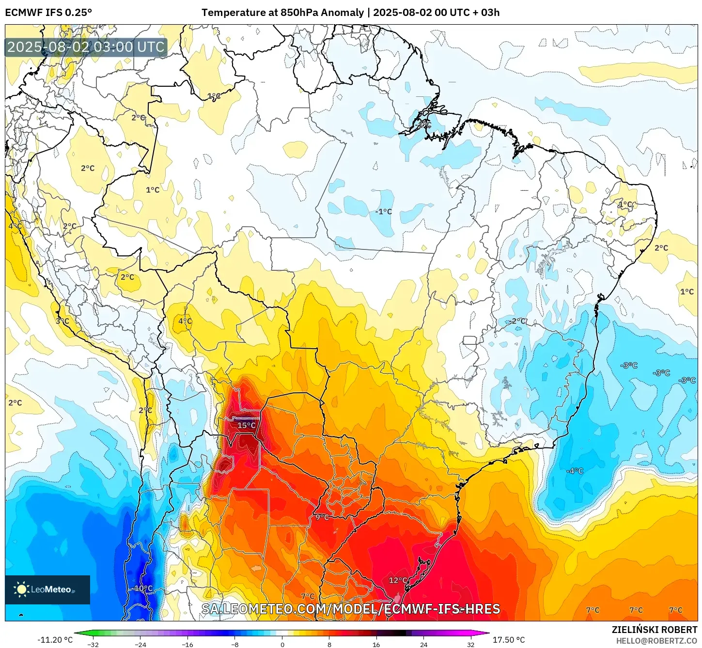 ECMWF IFS 0.25° model - Brasil, Anomali Suhu 850 hPa ECMWF IFS 0.25° model - Brasil, Anomali Suhu 850 hPa
