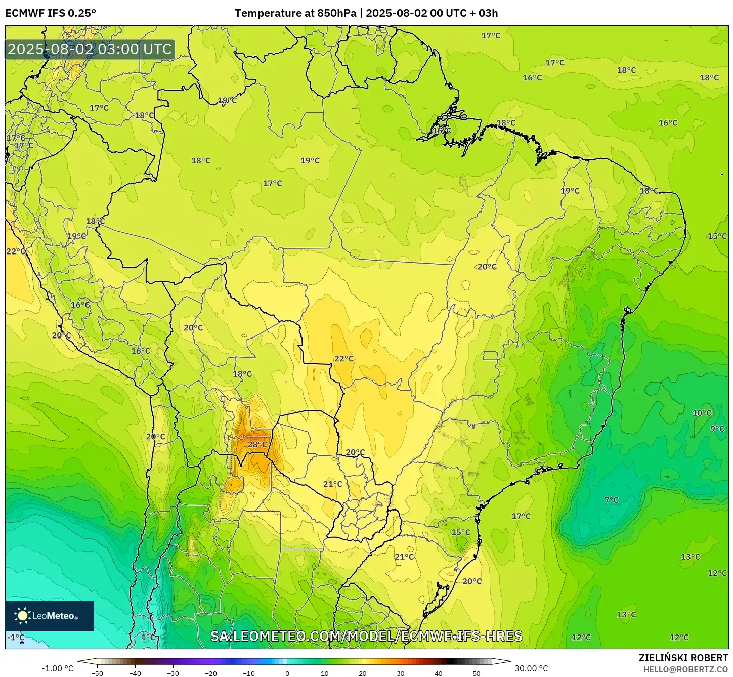 ECMWF IFS 0.25° model - Brasil, Suhu 850 hPa ECMWF IFS 0.25° model - Brasil, Suhu 850 hPa