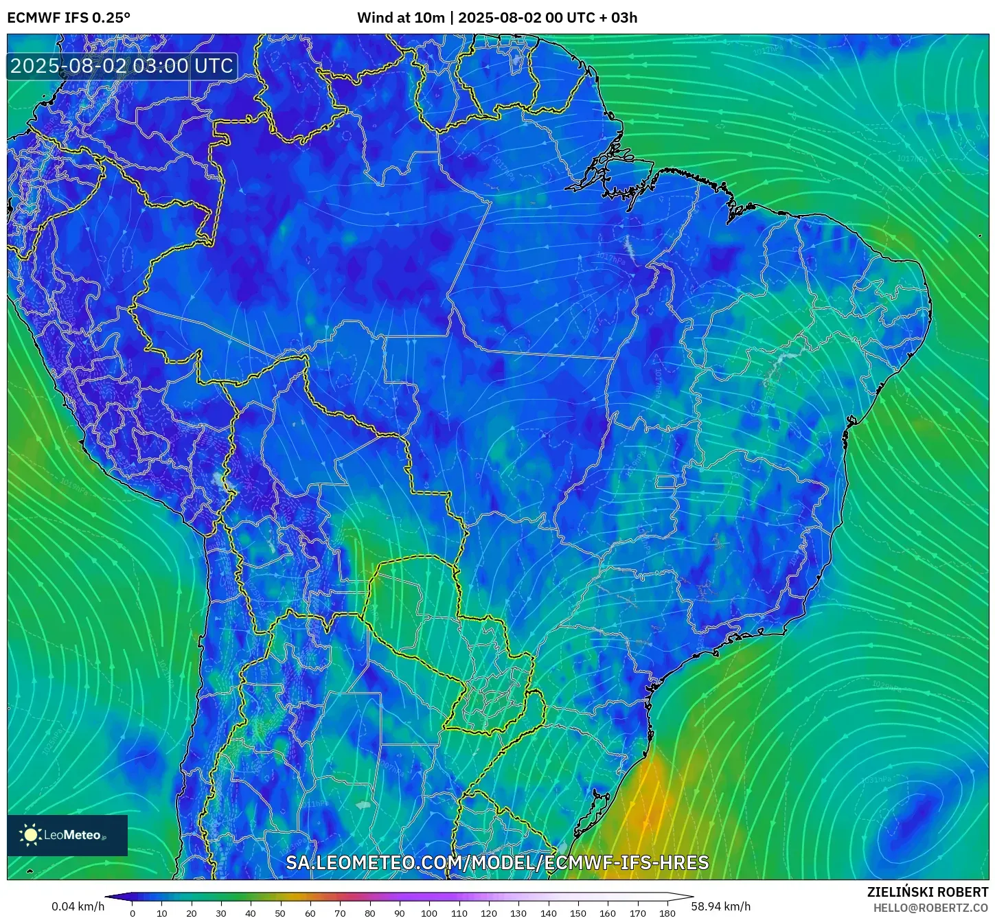 ECMWF IFS 0.25° model - Brasil, Angin 10 m ECMWF IFS 0.25° model - Brasil, Angin 10 m