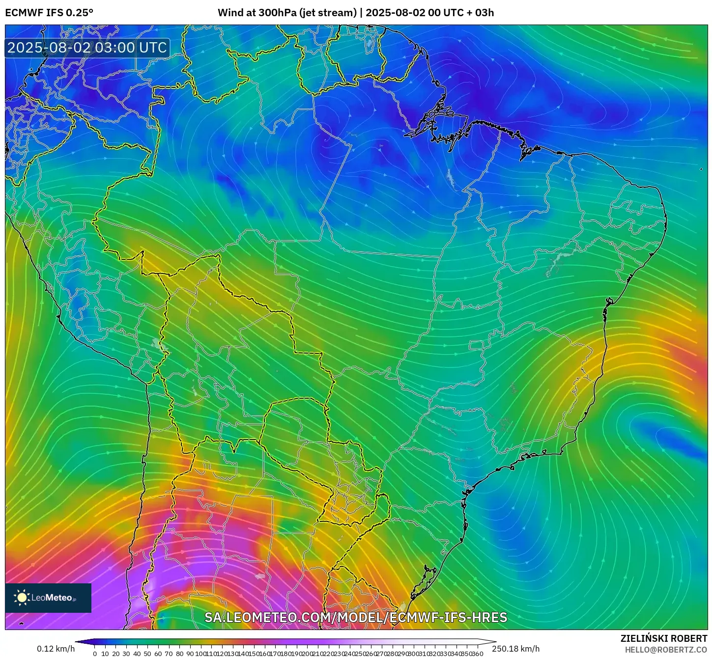 ECMWF IFS 0.25° model - Brasil, Angin 300 hPa (aliran jet) ECMWF IFS 0.25° model - Brasil, Angin 300 hPa (aliran jet)