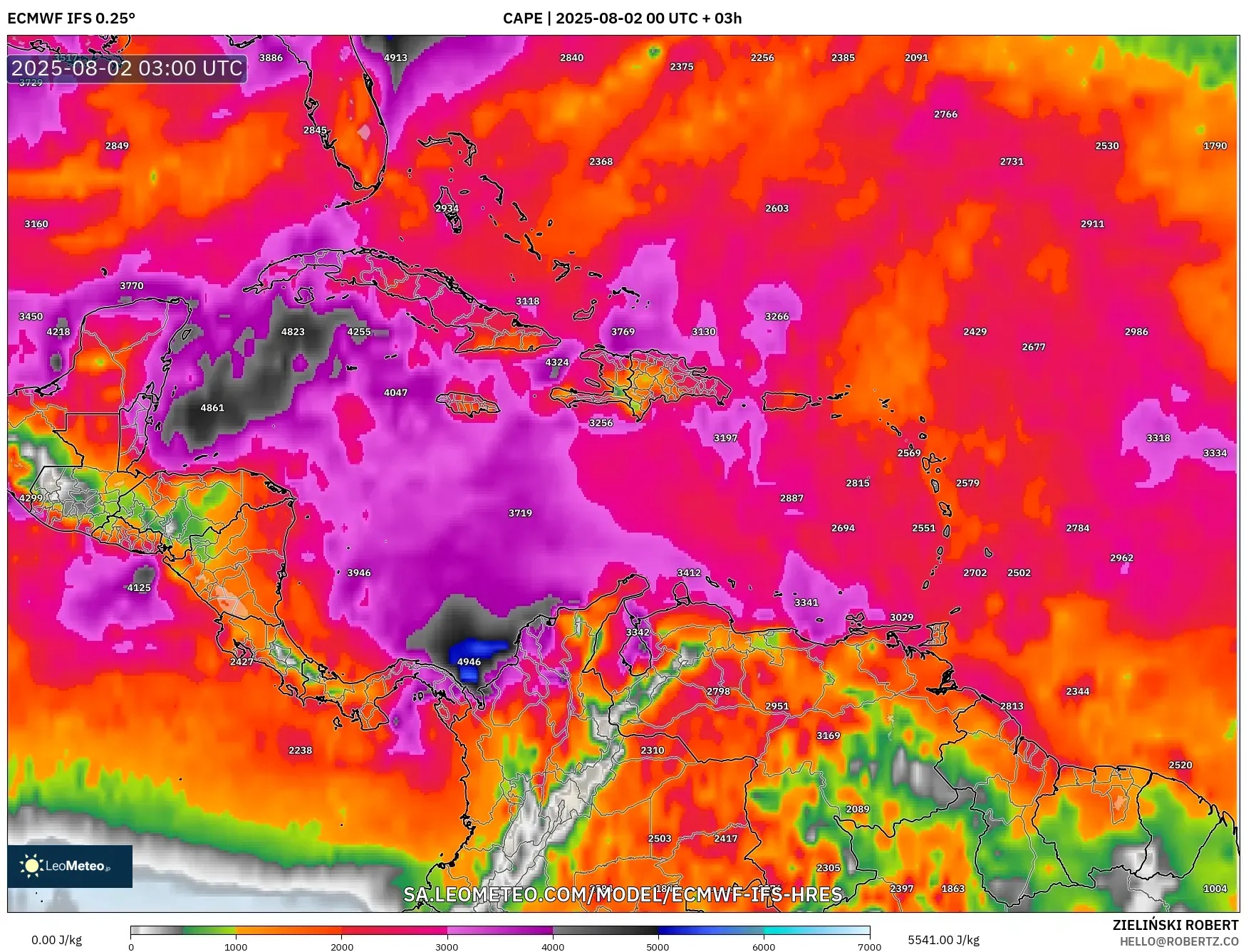 ECMWF IFS 0.25° model - Caribbean, CAPE