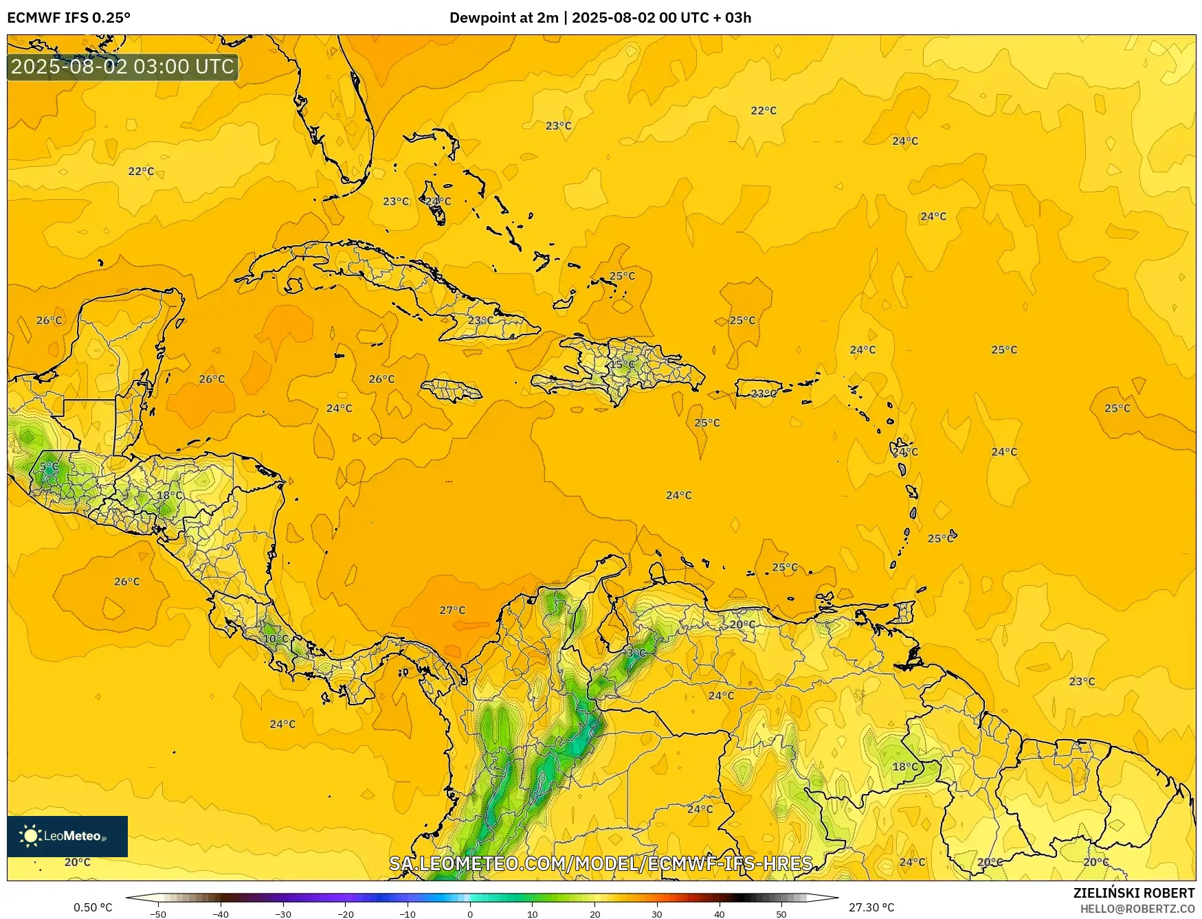 ECMWF IFS 0.25° model - Caribbean, Dewpoint at 2m ECMWF IFS 0.25° model - Caribbean, Dewpoint at 2m