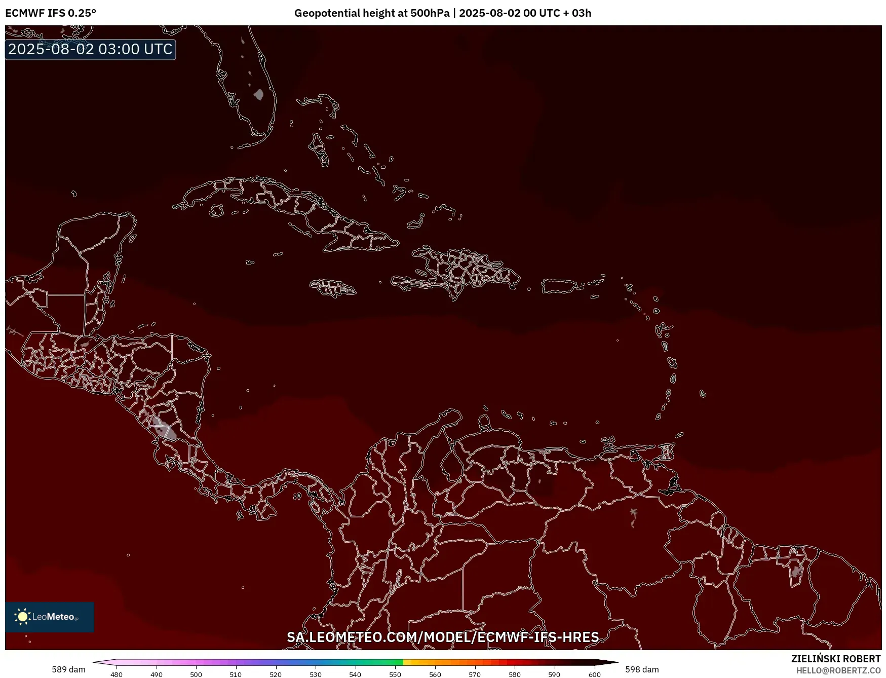 ECMWF IFS 0.25° model - Caribbean, Geopotential height at 500hPa ECMWF IFS 0.25° model - Caribbean, Geopotential height at 500hPa