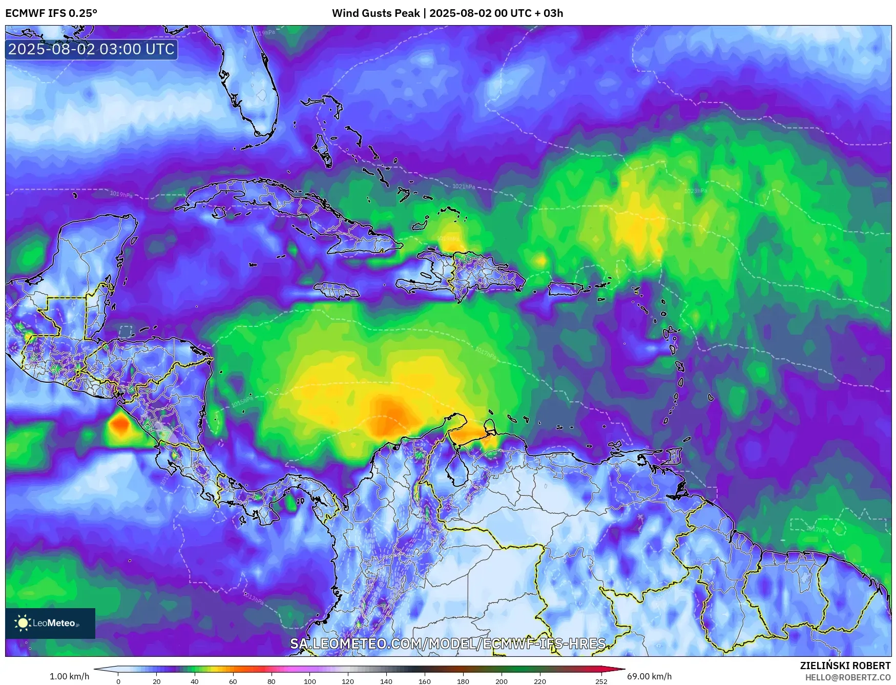 ECMWF IFS 0.25° model - Caribbean, Wind Gusts Peak ECMWF IFS 0.25° model - Caribbean, Wind Gusts Peak
