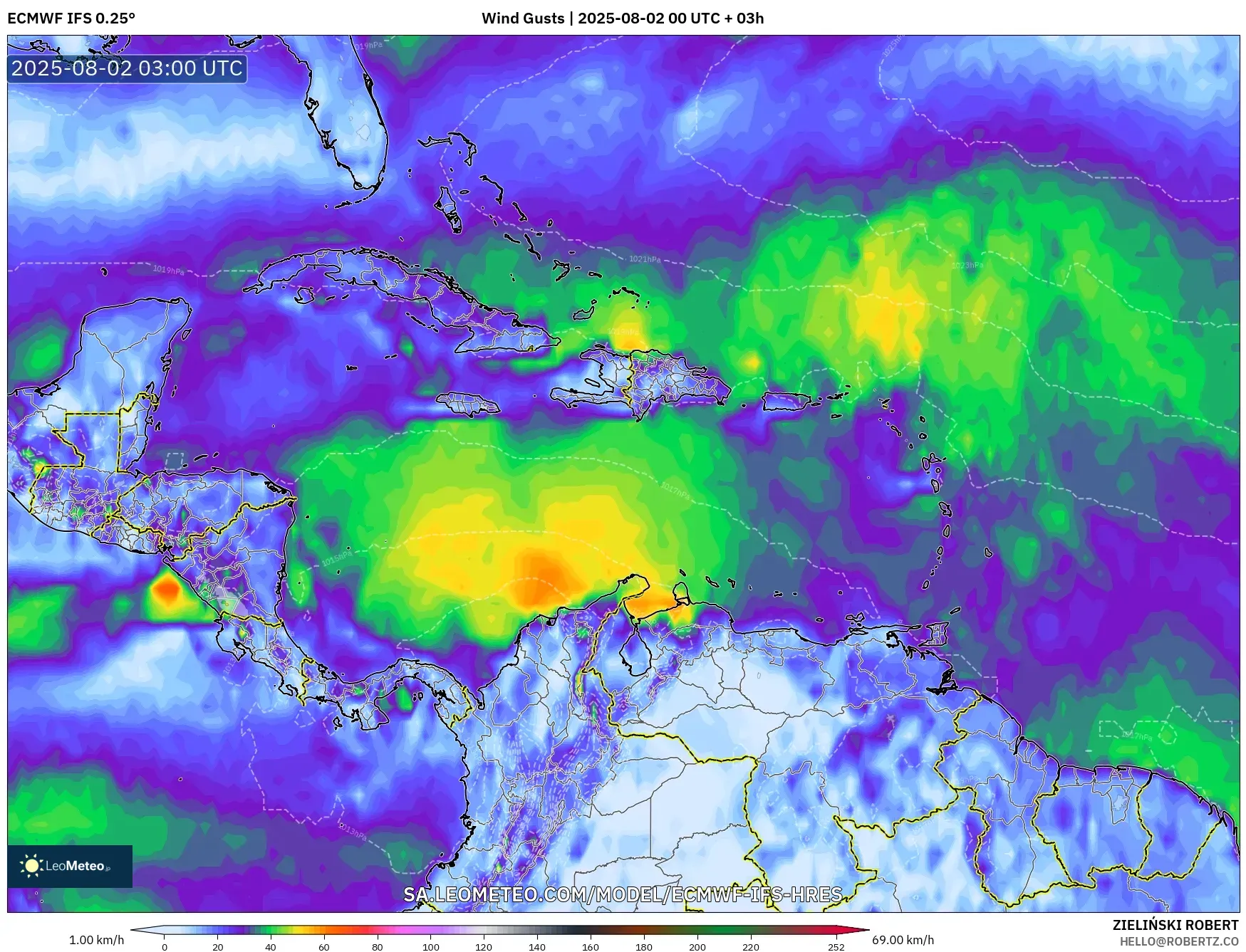 ECMWF IFS 0.25° model - Karibia, Hembusan Angin