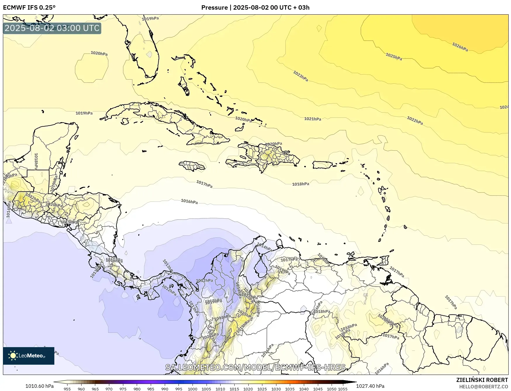 ECMWF IFS 0.25° model - Caribbean, Pressure
