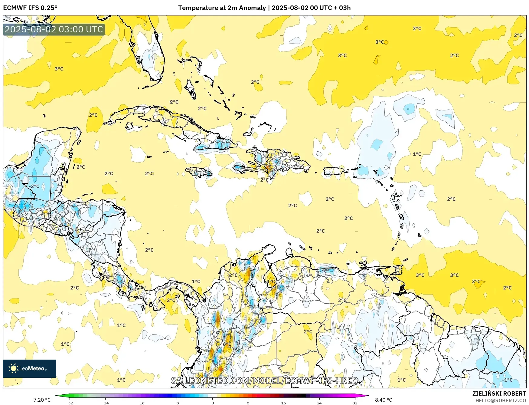 ECMWF IFS 0.25° model - Caribbean, Temperature at 2m Anomaly ECMWF IFS 0.25° model - Caribbean, Temperature at 2m Anomaly