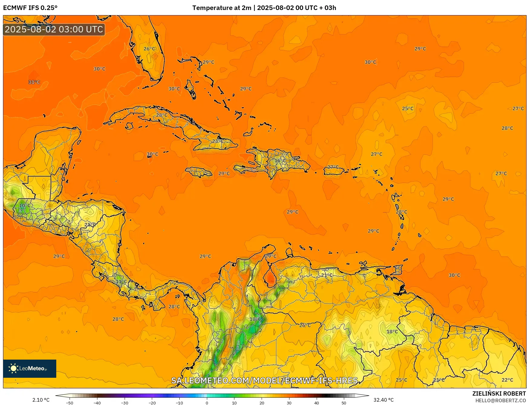 ECMWF IFS 0.25° model - Caribbean, Temperature at 2m ECMWF IFS 0.25° model - Caribbean, Temperature at 2m