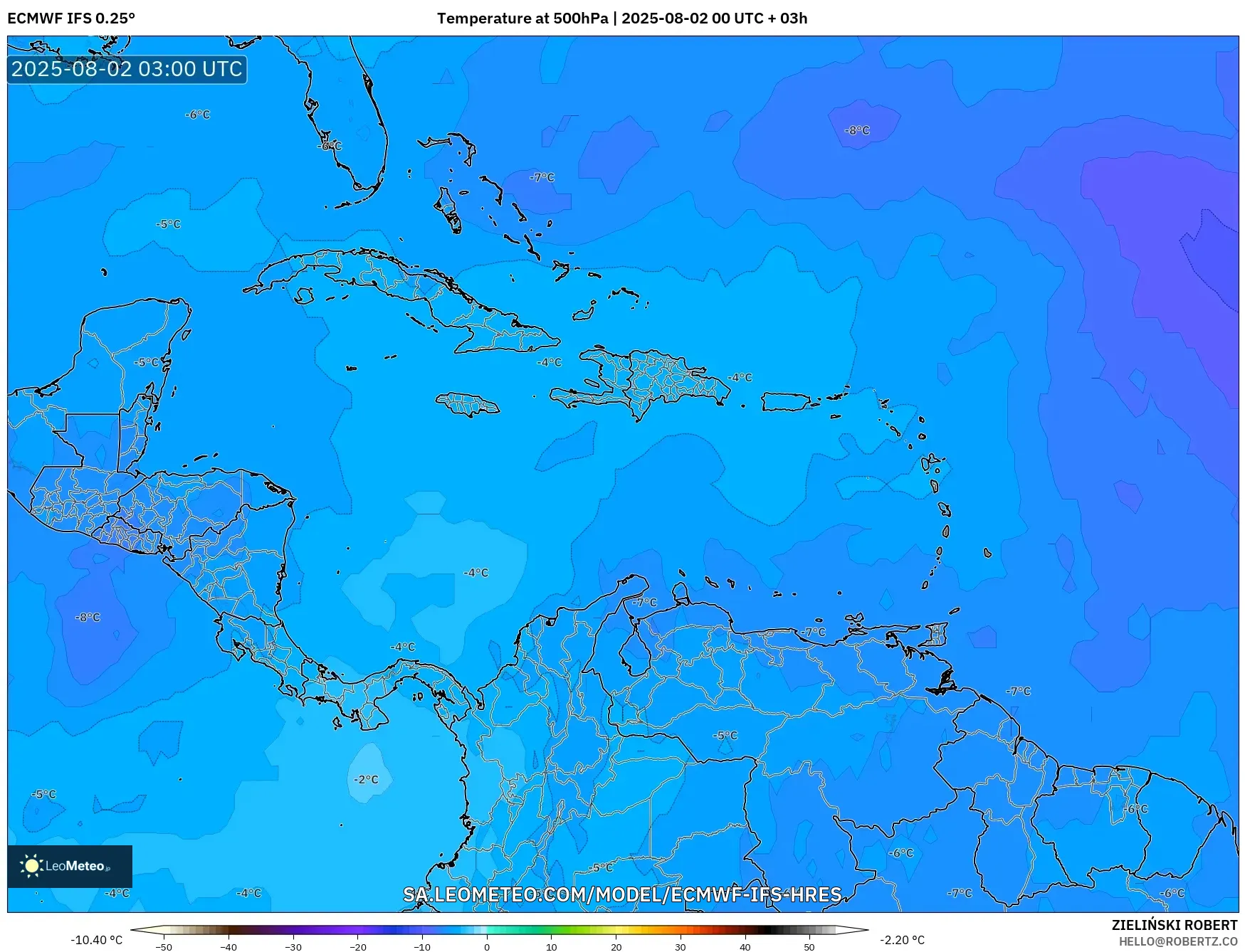 ECMWF IFS 0.25° model - Caribbean, Temperature at 500hPa
