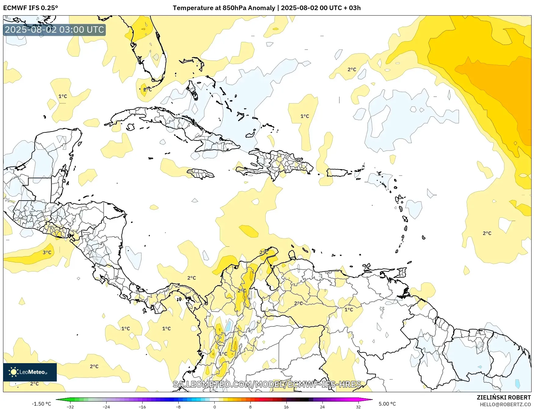 ECMWF IFS 0.25° model - Caribbean, Temperature at 850hPa Anomaly ECMWF IFS 0.25° model - Caribbean, Temperature at 850hPa Anomaly
