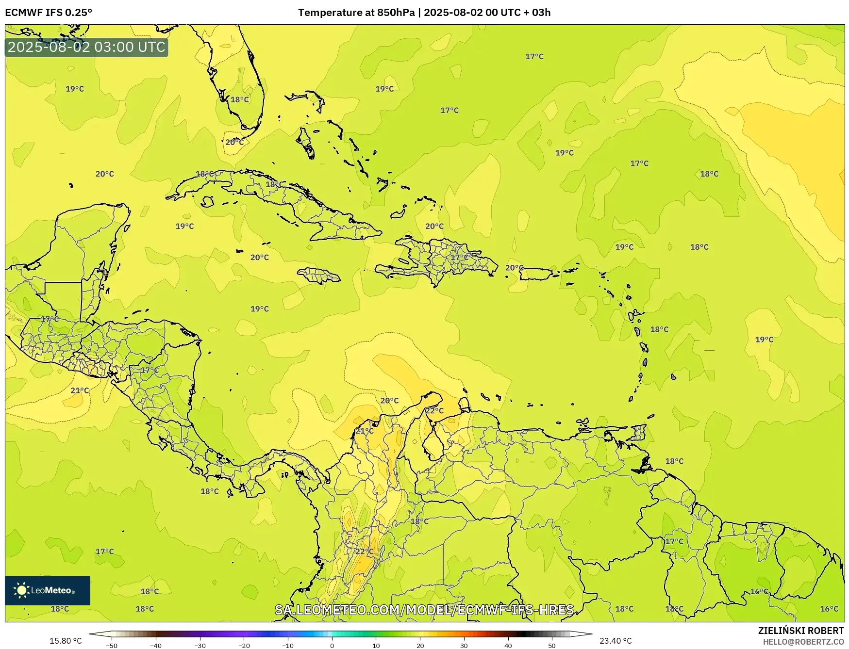 ECMWF IFS 0.25° model - Caribbean, Temperature at 850hPa ECMWF IFS 0.25° model - Caribbean, Temperature at 850hPa