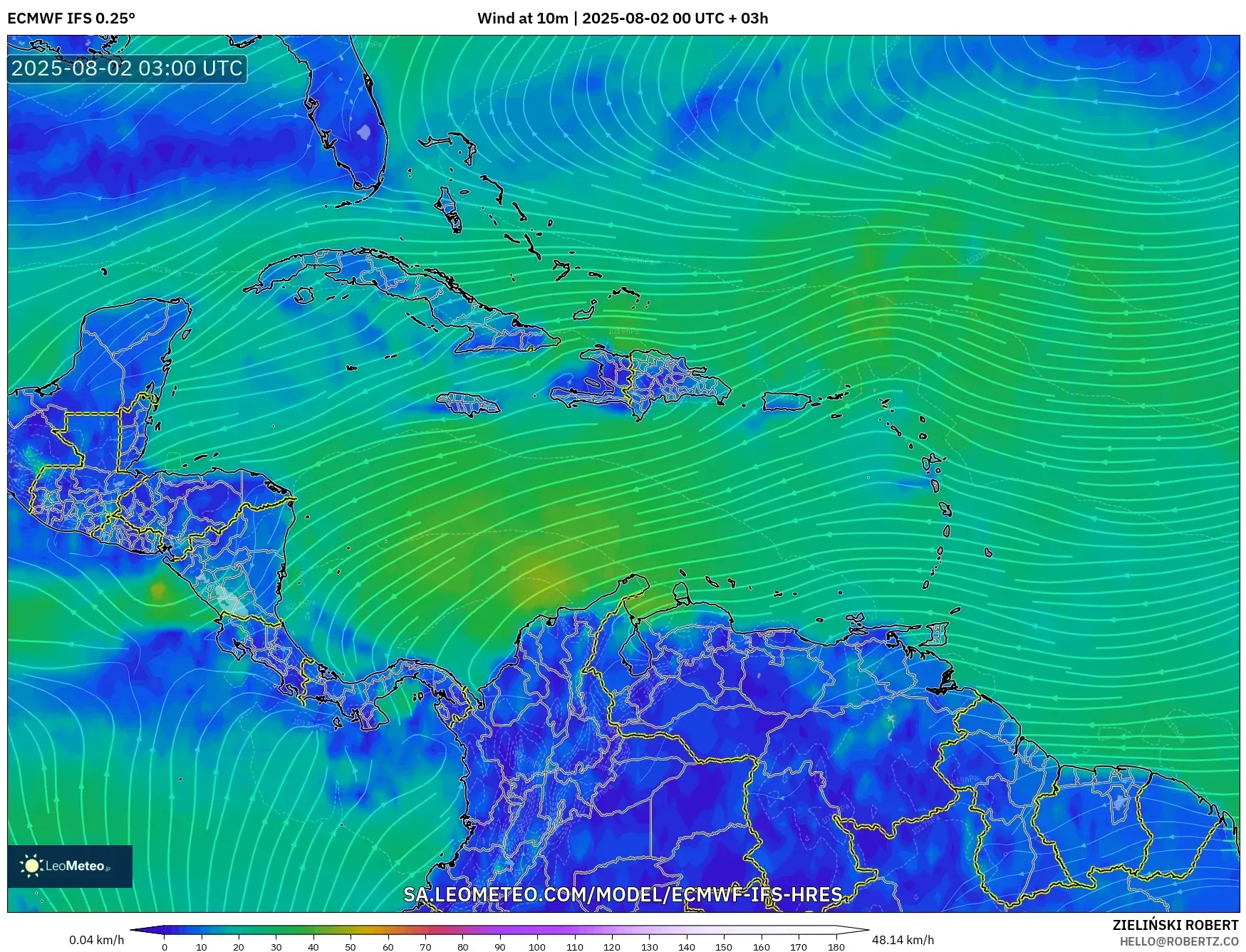 ECMWF IFS 0.25° model - Caribbean, Wind at 10m ECMWF IFS 0.25° model - Caribbean, Wind at 10m