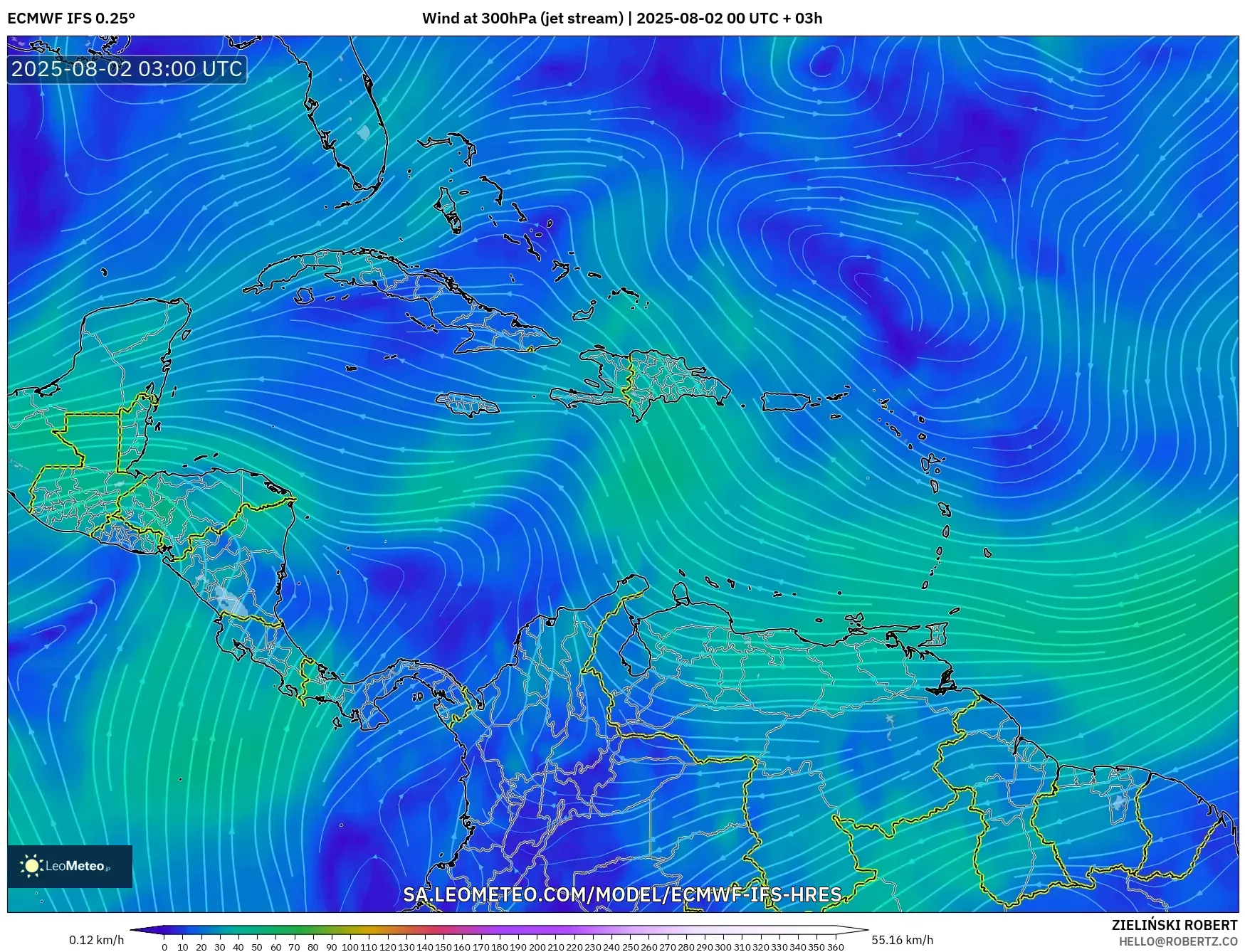 ECMWF IFS 0.25° model - Caribbean, Wind at 300hPa (jet stream) ECMWF IFS 0.25° model - Caribbean, Wind at 300hPa (jet stream)