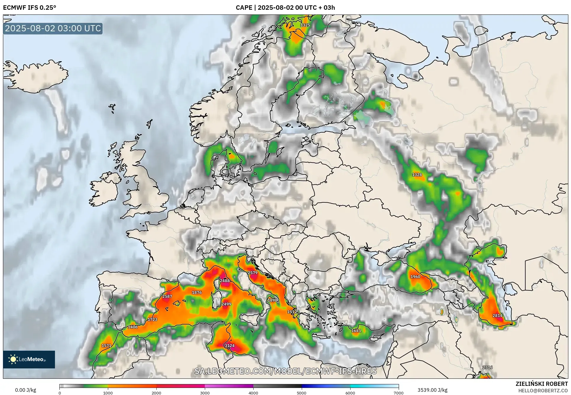 ECMWF IFS 0.25° model - Eropa, CAPE ECMWF IFS 0.25° model - Eropa, CAPE