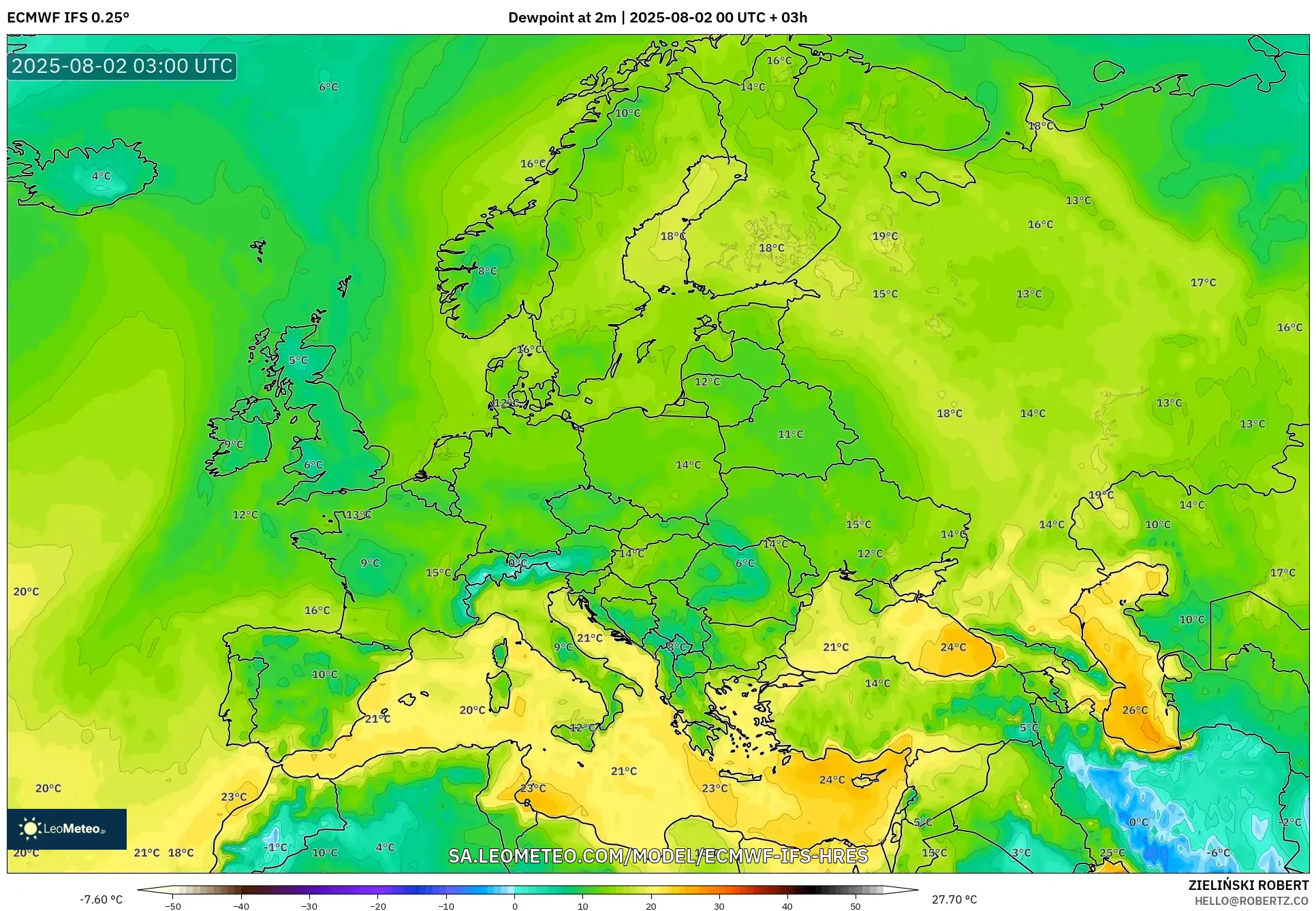 ECMWF IFS 0.25° model - Eropa, Titik Embun 2 m ECMWF IFS 0.25° model - Eropa, Titik Embun 2 m