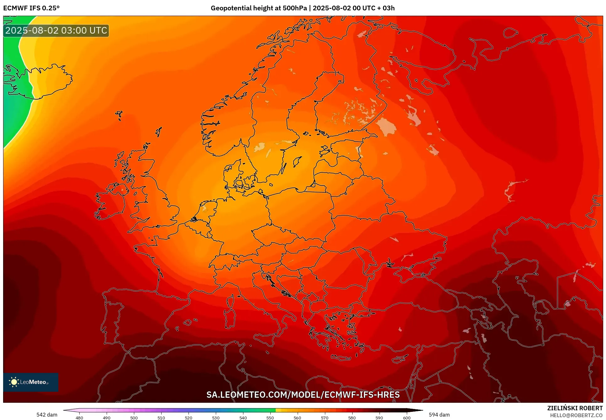 ECMWF IFS 0.25° model - Eropa, Ketinggian geopotensial pada 500 hPa ECMWF IFS 0.25° model - Eropa, Ketinggian geopotensial pada 500 hPa