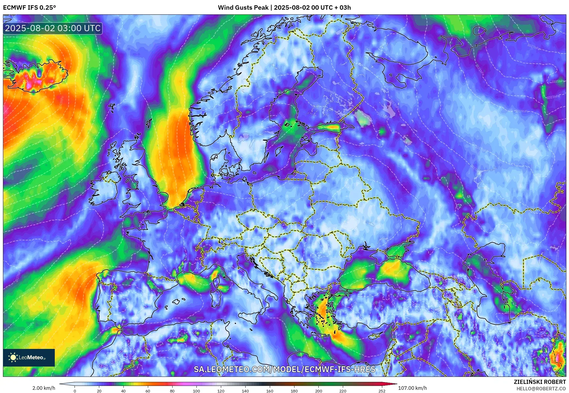 ECMWF IFS 0.25° model - Eropa, Puncak Hembusan ECMWF IFS 0.25° model - Eropa, Puncak Hembusan