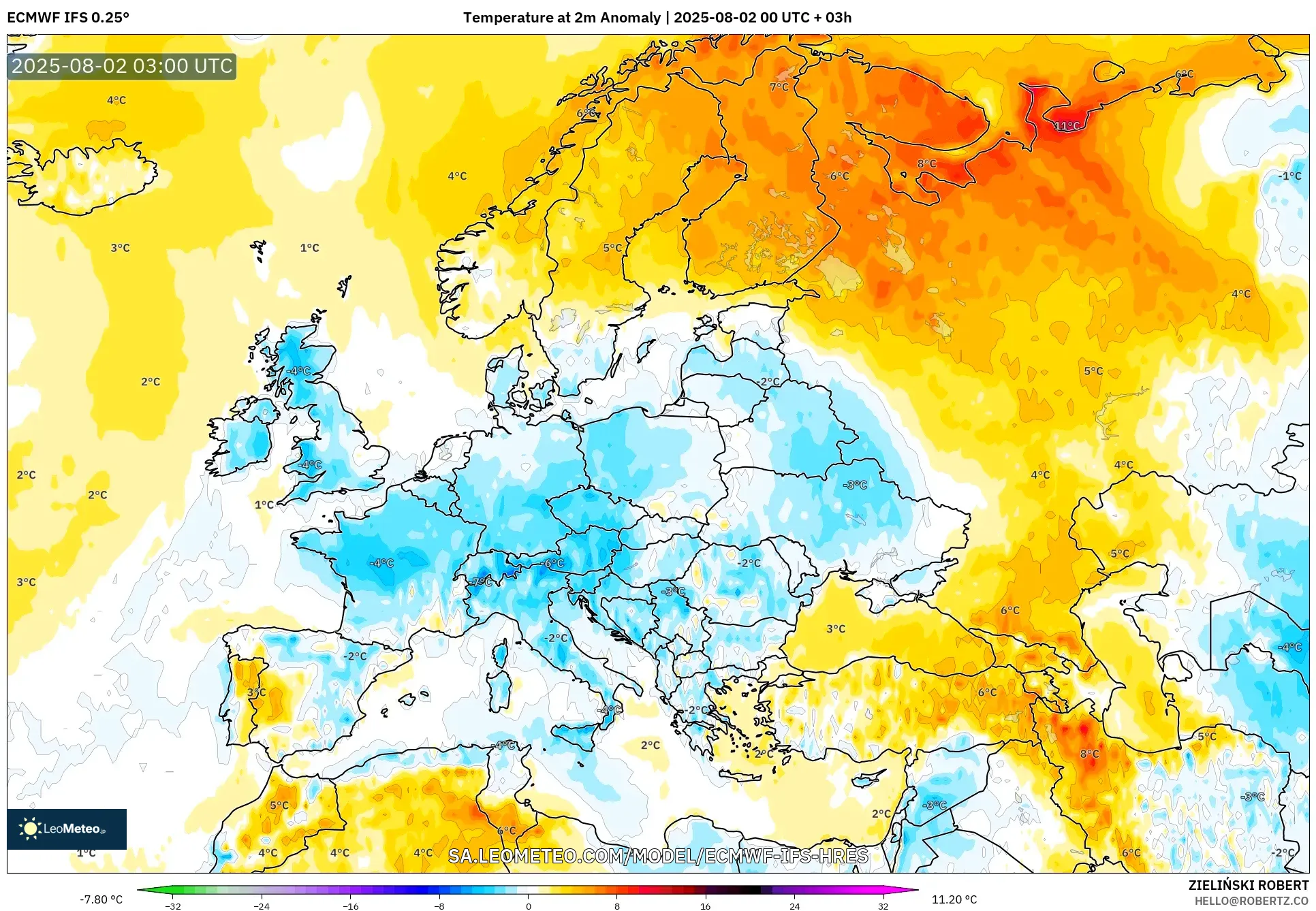 ECMWF IFS 0.25° model - Eropa, Anomali Suhu 2 m ECMWF IFS 0.25° model - Eropa, Anomali Suhu 2 m