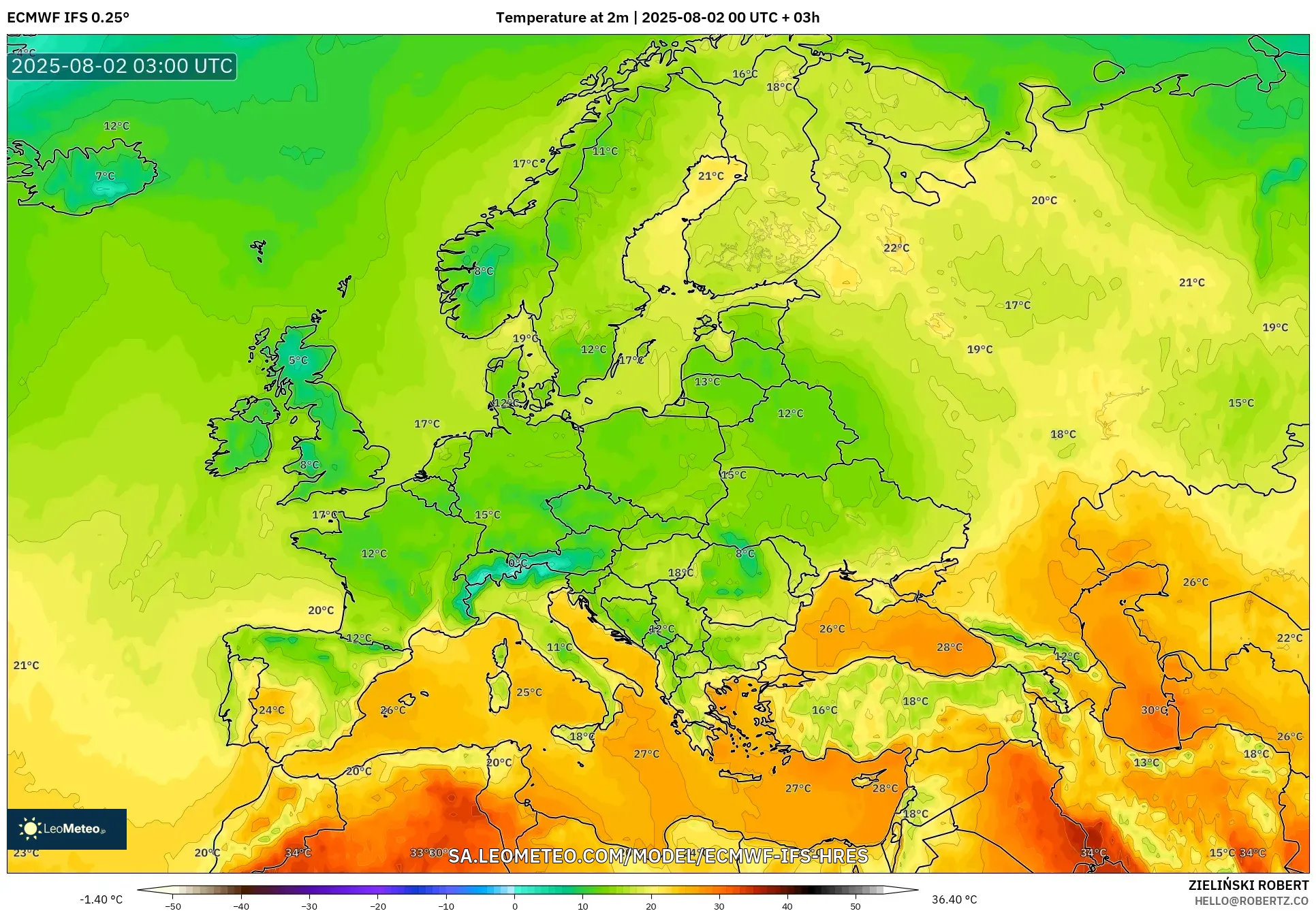 ECMWF IFS 0.25° model - Eropa, Suhu 2 m ECMWF IFS 0.25° model - Eropa, Suhu 2 m