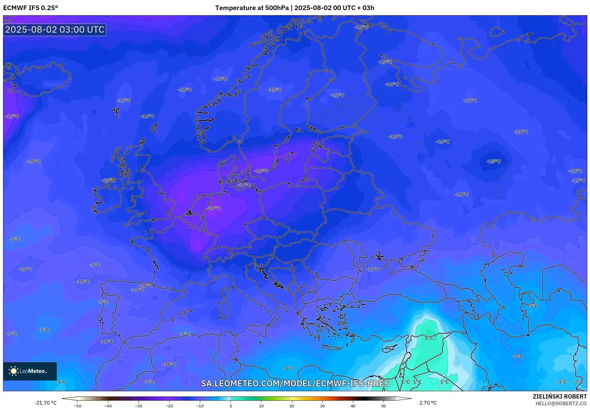 ECMWF IFS 0.25° model - Eropa, Suhu 500 hPa ECMWF IFS 0.25° model - Eropa, Suhu 500 hPa
